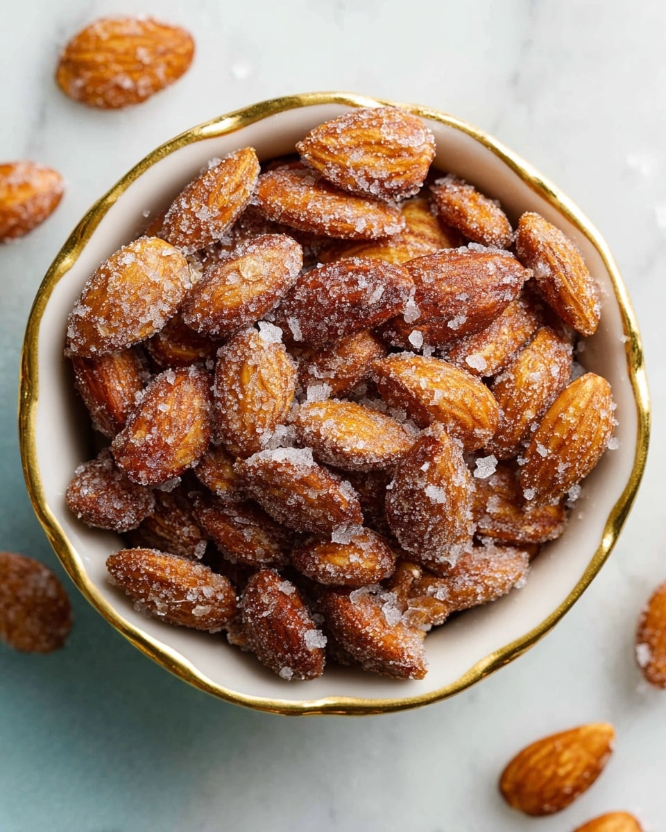 A glass jar filled to the top with roasted almonds coated in sugar and salt crystals, showing a rough, crunchy texture. Some almonds appear slightly broken with a light brown and golden color. The jar lid, with a red rubber seal, is open and resting to the side. Around the jar, a few almonds are scattered on a white marbled surface. photo taken with an iphone --ar 4:5 --v 7
