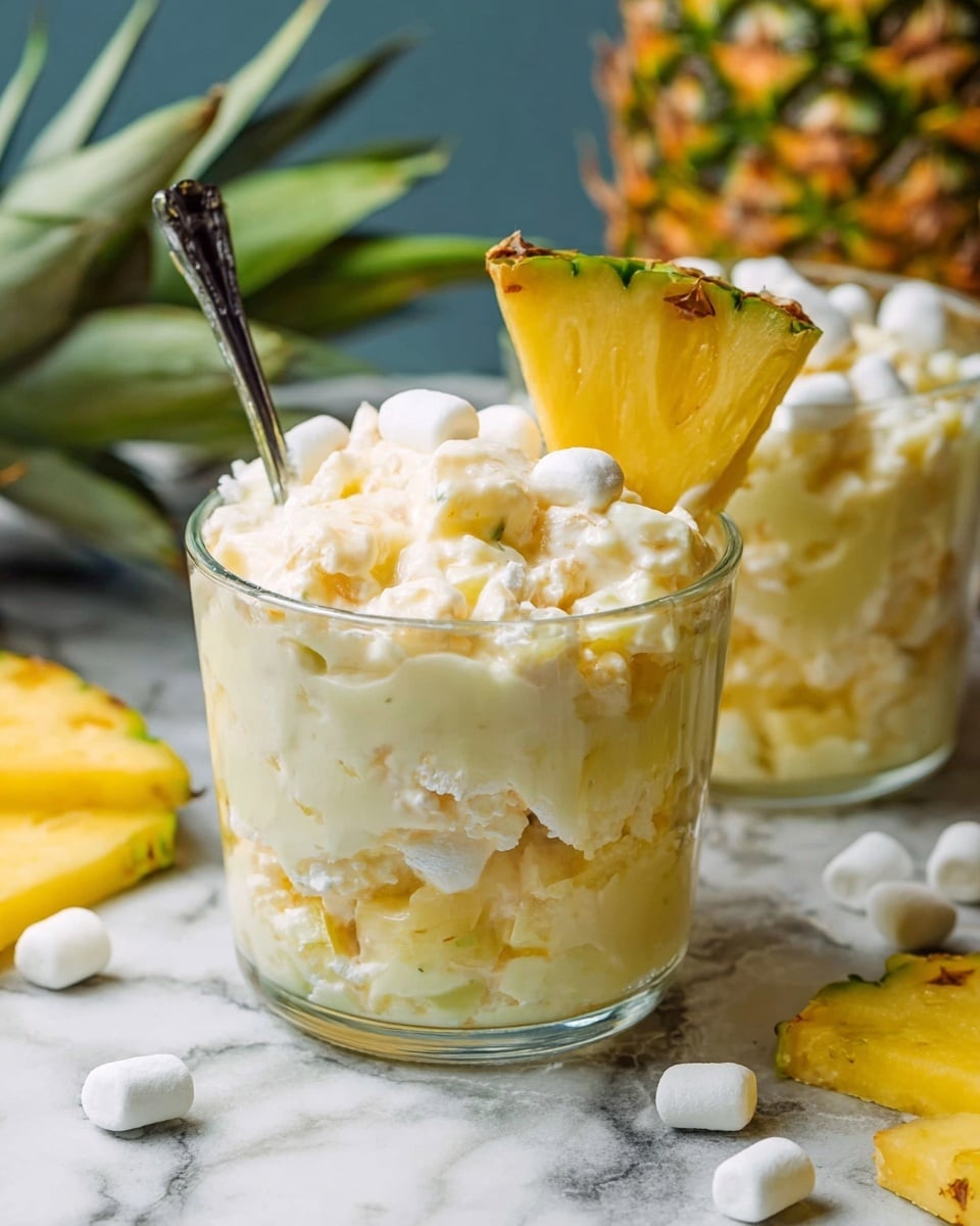 Two clear glass cups filled with a creamy, chunky pineapple dessert are shown on a white marbled surface. Each cup has three main layers: at the bottom is a pale yellow creamy base with tiny pineapple bits, the middle layer is thicker and whiter with larger creamy chunks, and the top layer has a fluffy appearance with visible pineapple pieces and small white marshmallows scattered. Both cups are decorated with a bright yellow pineapple wedge with green skin on the rim. A silver spoon is placed inside the back cup. Pieces of pineapple and white mini marshmallows are scattered on the surface around the cups. A whole pineapple with green leaves is visible blurred in the background. Photo taken with an iphone --ar 4:5 --v 7