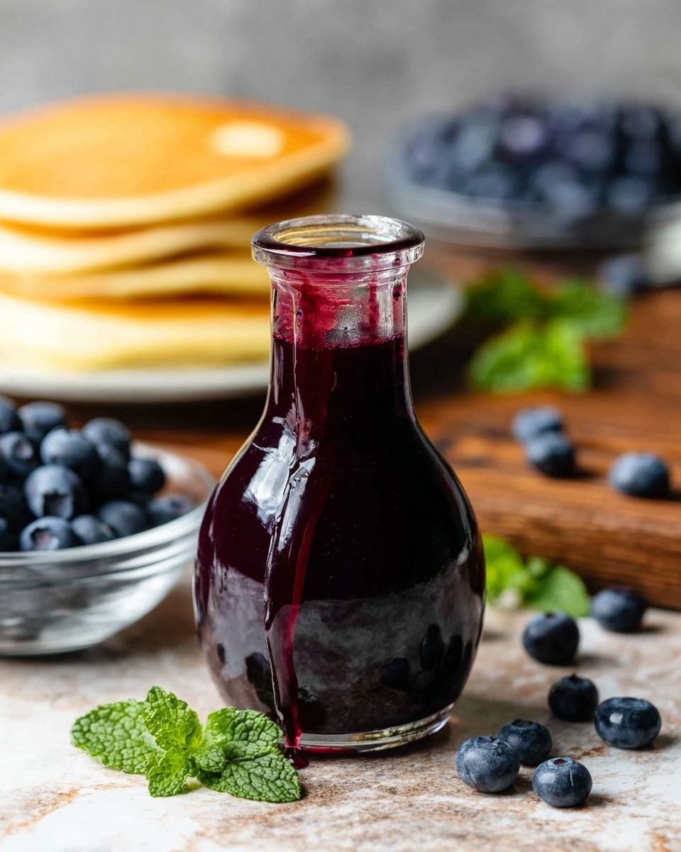 A tall stack of seven golden brown pancakes sits on a white plate, each pancake fluffy with light browning on the edges. A thick, dark purple blueberry syrup generously covers the top pancake and slowly drips down the sides, creating shiny streaks against the light pancakes. Two fresh mint leaves are placed on the plate near the base of the stack, adding a fresh green contrast. The background shows a blurry pink jar filled with more syrup, all set on a white marbled surface. photo taken with an iphone --ar 4:5 --v 7