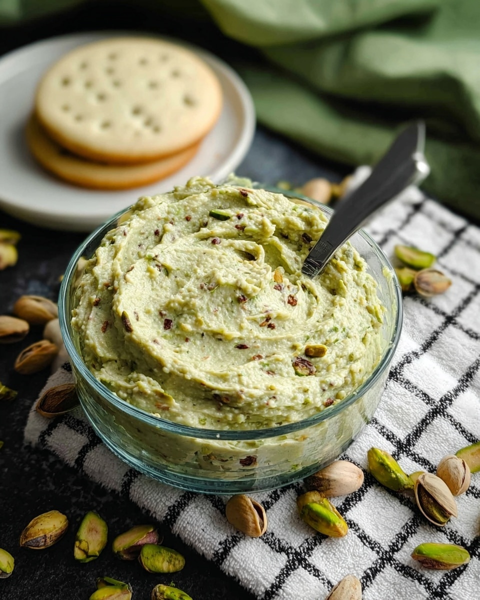 The image shows three stacked round cookies with a light beige color and smooth texture, placed on a wooden board. On top of the cookies is a thick layer of creamy pistachio spread, light green with small chopped pistachio pieces mixed in, and more pistachio pieces sprinkled on top. The top cookie has a bite taken out, revealing the soft interior and the thickness of the spread. Around the wooden board are scattered green pistachio nuts and shells, all set against a white marbled surface with a blurred green cloth in the background. photo taken with an iphone --ar 4:5 --v 7