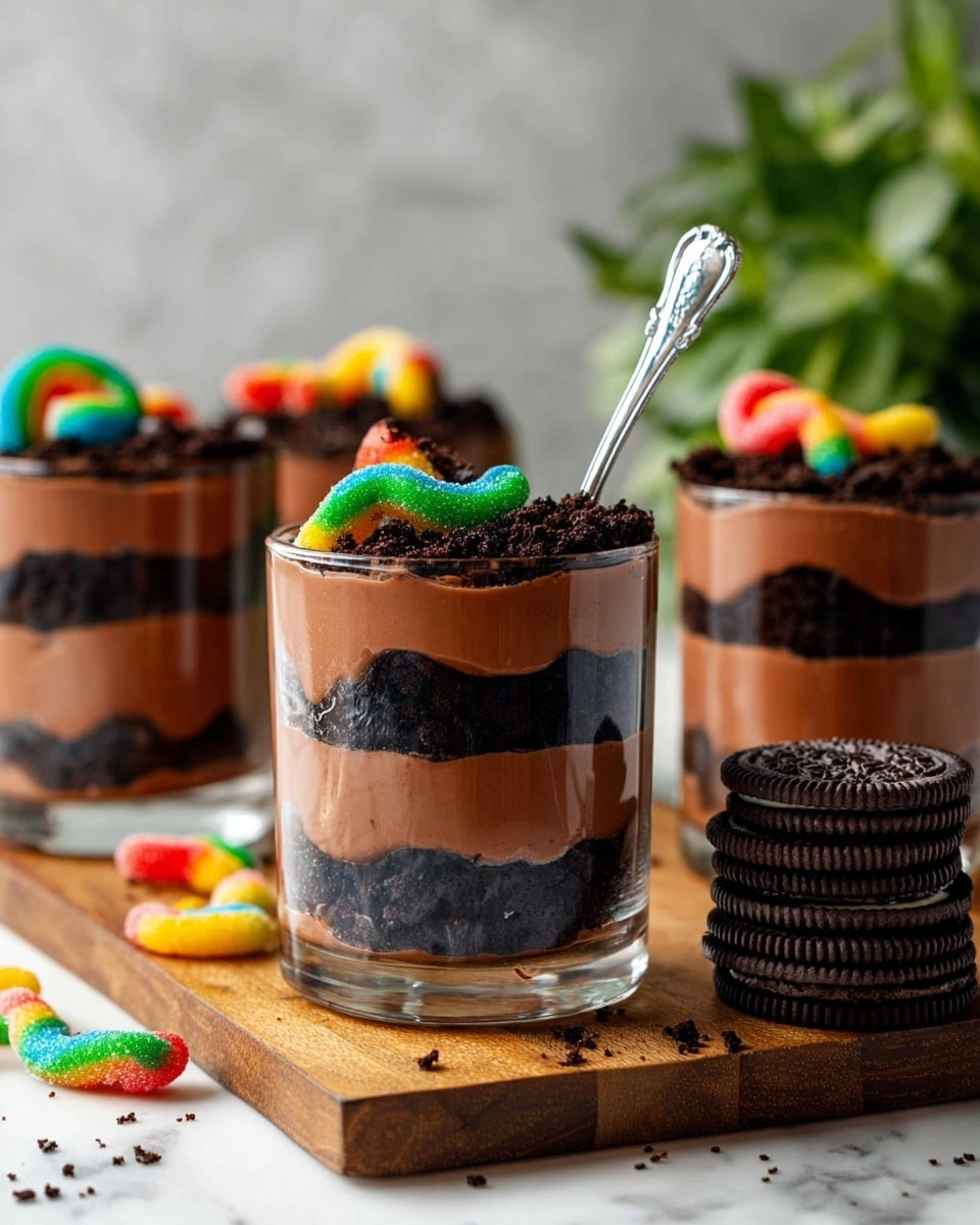 A clear glass cup holds a layered dessert with three dark chocolate cookie crumb layers alternating with three smooth, light brown chocolate pudding layers. On top of the dessert, there is a dark cookie crumb layer with colorful gummy worms placed on it, and a silver spoon stands inside the cup. Around the glasses on a wooden board, some gummy worms lie scattered, and three stacked chocolate sandwich cookies sit to the right. The scene is set on a white marbled surface with a blurred green plant in the background. photo taken with an iphone --ar 4:5 --v 7