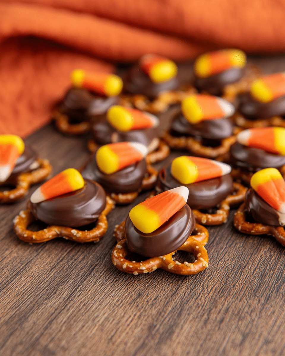A cluster of small snacks arranged on a wood textured surface with a soft orange cloth in the background. Each snack has a base layer of brown pretzels shaped like a rounded triangle with grainy salt crystals visible on the surface. On top of each pretzel is a thick round layer of smooth, dark chocolate, forming a slightly raised dome. Sitting on the chocolate layer is a single candy corn piece, brightly colored in yellow, orange, and white with a smooth texture, adding a festive look. The focus is sharp on the front snacks, with the background softly blurred. photo taken with an iphone --ar 4:5 --v 7