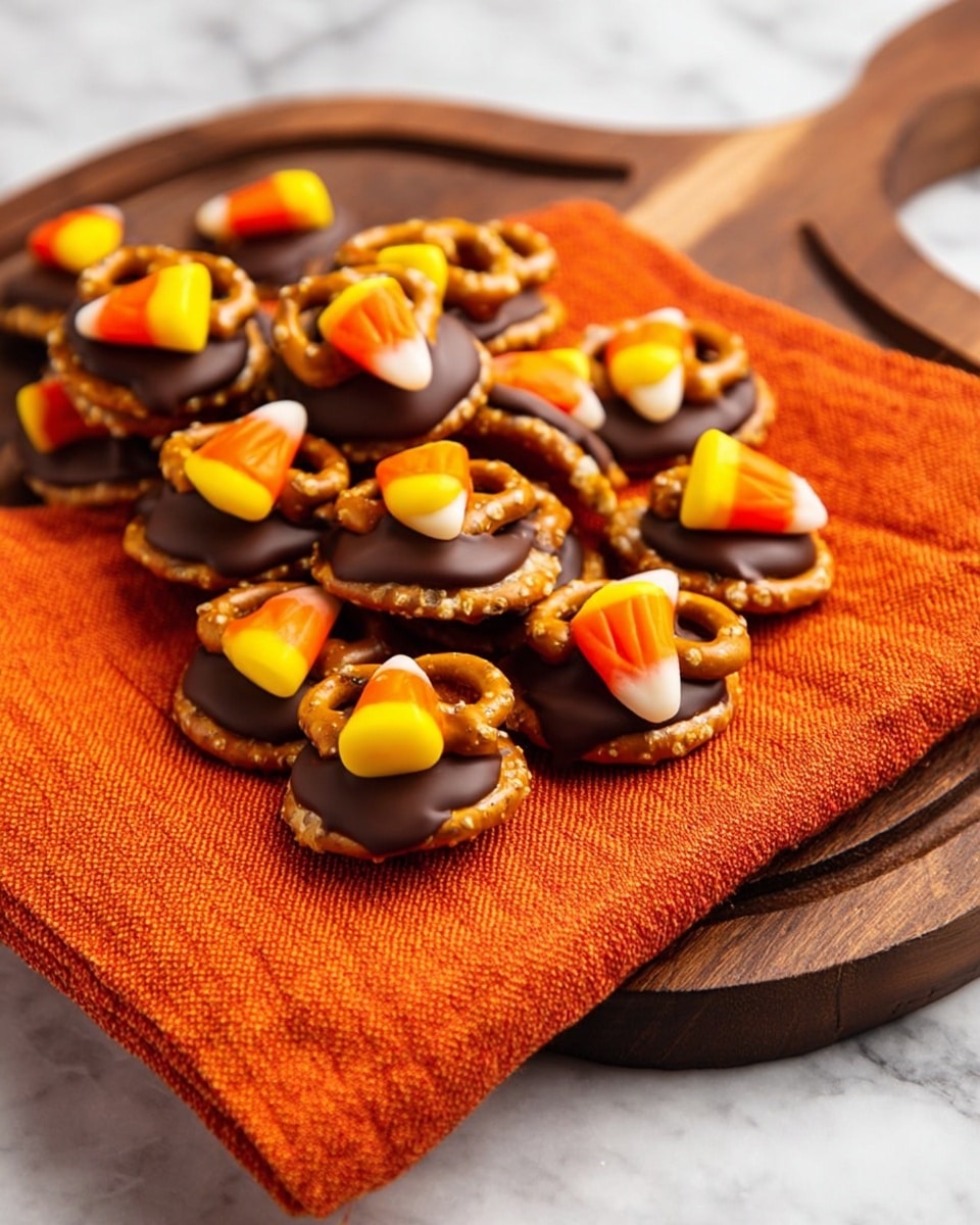 A pile of small treats sits on an orange textured cloth, which is laid on a dark wooden board with a curved handle. Each treat has three layers: a round, golden brown pretzel base with a slightly salty texture, topped with a smooth, melted chocolate layer, and finished with a single candy corn piece that is yellow, orange, and white in color. The background is a white marbled surface. Photo taken with an iphone --ar 4:5 --v 7