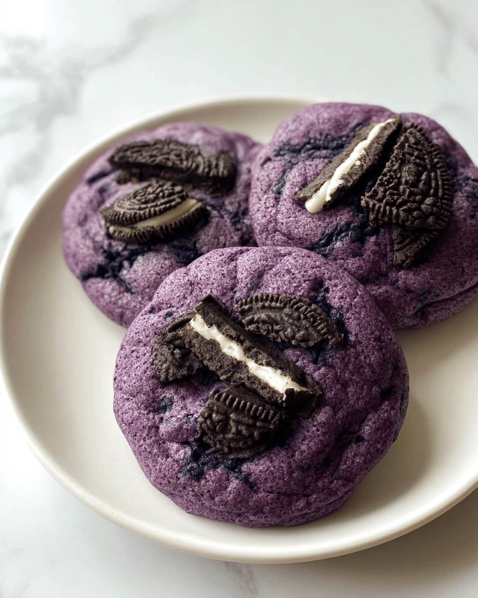 The image shows a close-up of a small purple cookie being held by a woman's hand with light skin tone. The cookie is round with a slightly cracked texture and topped with broken black and white chocolate sandwich cookie pieces. In the background, six more similar purple cookies, each topped with broken chocolate sandwich cookie pieces, are laid out on a white marbled surface. The bright purple color of the cookies contrasts sharply with the black and white cookie pieces and the white background. photo taken with an iphone --ar 4:5 --v 7
