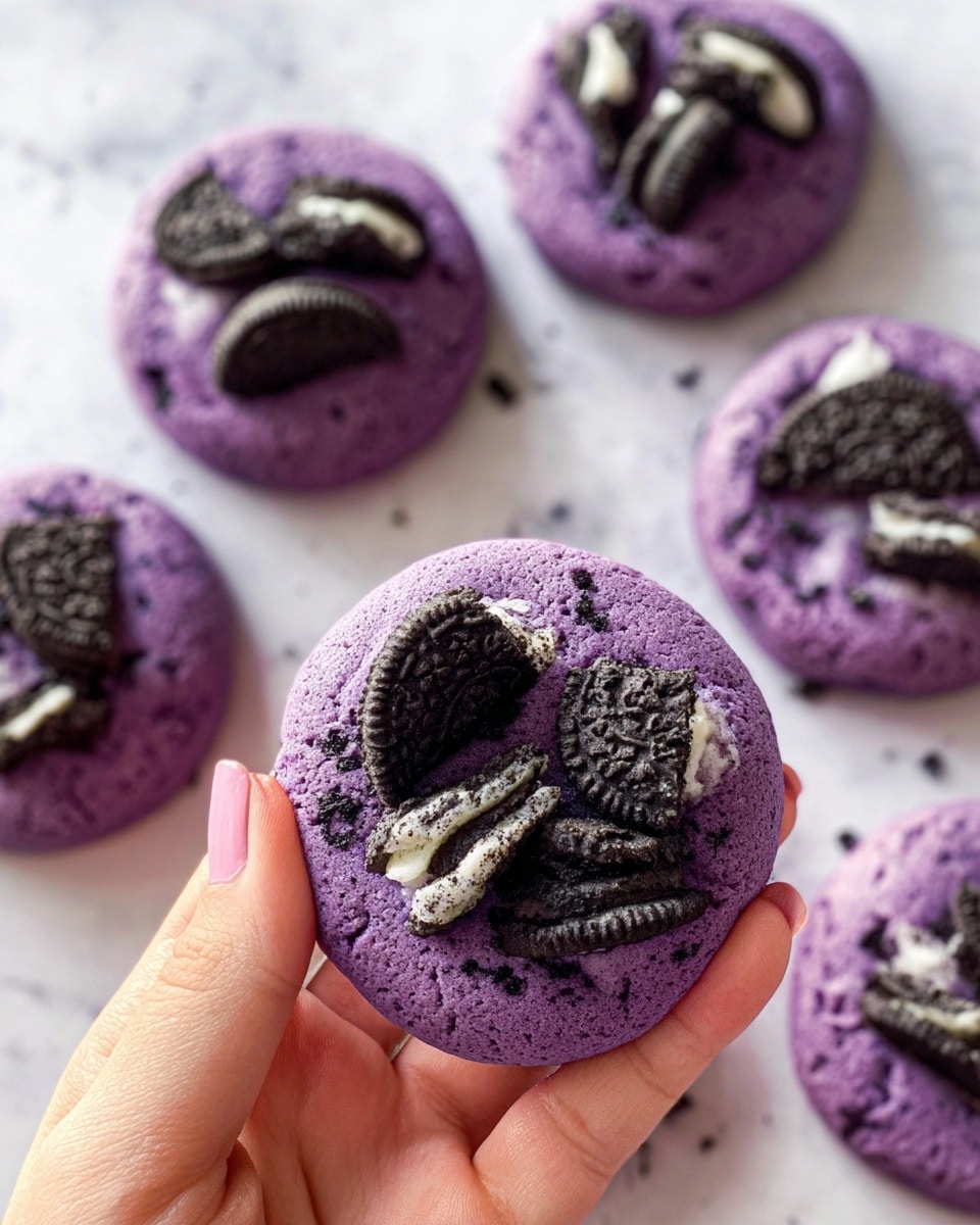 Three round cookies sit on a white plate placed on a white marbled surface, each cookie has a deep purple color with a soft, slightly crinkled texture. On the top of each cookie, there are broken pieces of chocolate sandwich cookies with white cream filling showing, adding a contrast of dark brown and white against the purple base. The cookies are close together, filling most of the plate, giving a sense of freshness and rich flavor. Photo taken with an iphone --ar 4:5 --v 7