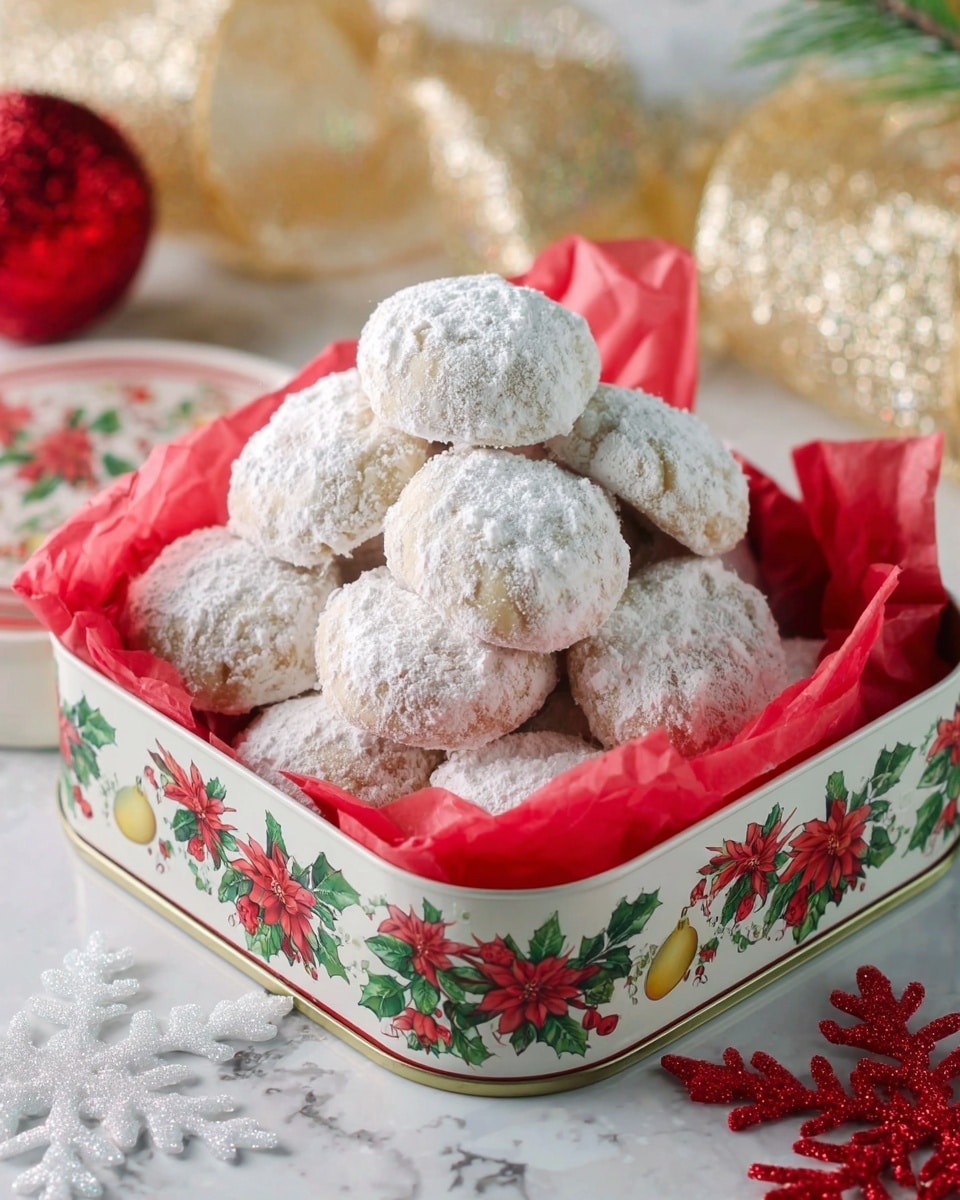 A pile of round, white powdered sugar covered cookies stacked in two layers inside a white metal tin with Christmas decorations showing red poinsettias, green leaves, and ornaments. The cookies are nestled on bright red tissue paper that lines the box. The tin sits on a white marbled surface that looks like white snowflakes, with a gold ribbon and a red snowflake decoration nearby. Photo taken with an iphone --ar 4:5 --v 7