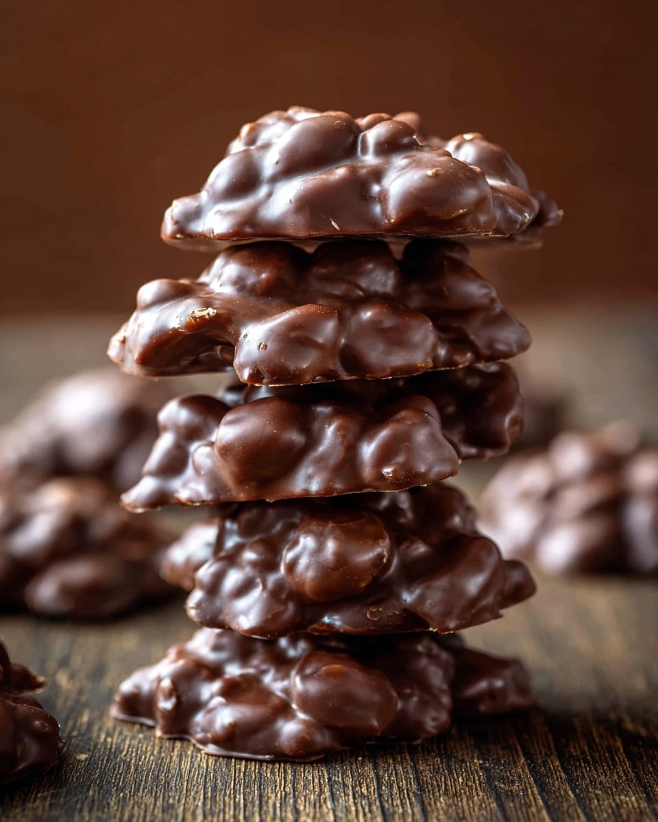 A stack of five unevenly shaped chocolate clusters is shown, each layer glossy and rich brown with rounded, bumpy textures from nuts or other fillings inside. The clusters are piled neatly one on top of another on a dark wood surface, with more blurred clusters scattered in the background, which is a warm brown tone. The chocolate looks smooth but thick, with light reflecting softly on the top edges. photo taken with an iphone --ar 4:5 --v 7