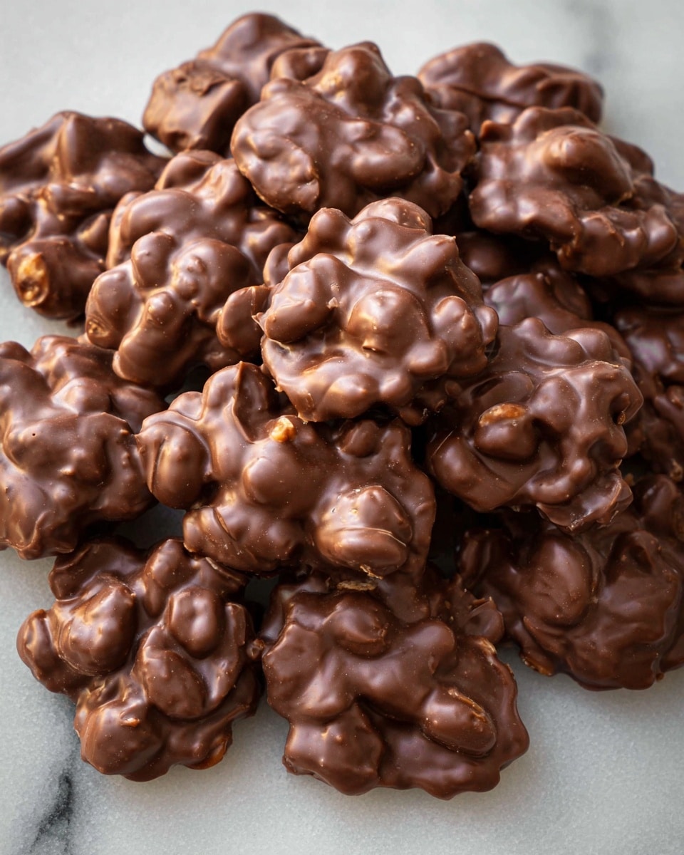 A pile of small, rough-shaped clusters made of smooth milk chocolate covering whole peanuts, each cluster showing visible nut shapes under the chocolate. The chocolate has a shiny texture with slight swirls and curves around the nuts. The clusters are spread directly on a surface with a white marbled texture, creating a casual, homemade feel with no plate or bowl visible. photo taken with an iphone --ar 4:5 --v 7