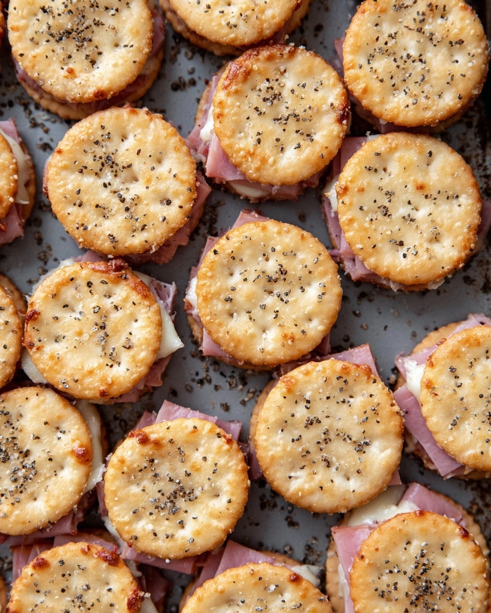 The image shows many small round stacked snacks arranged closely together in a baking tray. Each snack has three layers: the top and bottom layers are light golden brown crackers with a slightly rough texture and sprinkled with small black seeds, while the middle layer is a mix of pink ham and melted white cheese that slightly oozes out from between the crackers. The tray has tiny spots of grease around the snacks, and the background is a white marbled texture. photo taken with an iphone --ar 4:5 --v 7