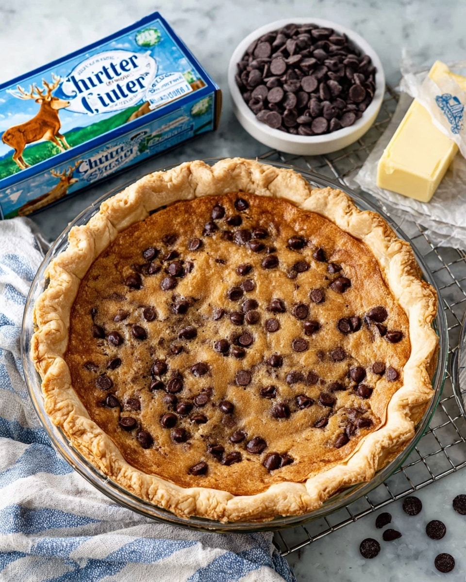 A thick slice of chocolate chip pie sits on a white scalloped plate, showing three clear layers: a light, crumbly crust on the bottom, a dense, gooey dark chocolate filling with melted chocolate chips in the middle, and a golden brown, cracked cookie-like top layer studded with chocolate chips. The pie slice is placed slightly in front of the whole pie, which shows similar colors and textures. Nearby is a white bowl with a blue rim, filled with dark chocolate chips, all set on a white marbled surface. An ornate silver fork lies beside the plate. Photo taken with an iphone --ar 4:5 --v 7