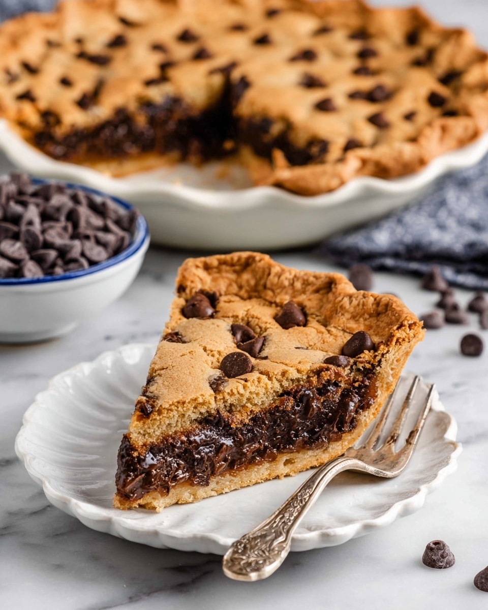A baked pie with one thick, golden-brown layer that has a textured, slightly cracked surface filled with dark brown, shiny chocolate chips scattered all over. The crust forms an uneven, light beige edge, thicker and flaky around the pie’s rim, holding all filling inside a clear pie glass dish sitting on a metal cooling rack. The white marbled background shows a striped cloth beneath the rack, a package of butter in a blue, white, and green box with a deer image, a smaller wrapped butter stick, and a white bowl filled with dense, round dark chocolate chips, all around the pie. photo taken with an iphone --ar 4:5 --v 7