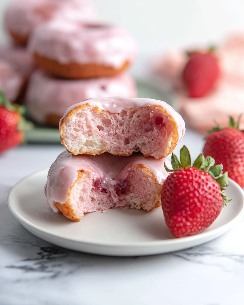 A white plate holds a split pink donut with a soft, spongy texture inside, revealing a few small chunks of fruit or filling. The donut is covered with a thin, shiny white glaze that drips slightly. Next to the donut are two fresh red strawberries with green leaves. In the blurred background on a white marbled surface, two more glazed pink donuts and another strawberry are visible. The colors are soft and bright, with focus on the front donut creating a gentle depth of field. Photo taken with an iphone --ar 4:5 --v 7
