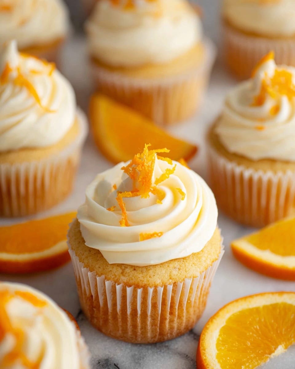The image shows several orange cupcakes arranged closely together on a white marbled surface. Each cupcake has one layer of golden orange cake visible through white paper liners. On top, there is a thick swirl of creamy white frosting with a smooth, slightly textured surface. Each swirl is topped with a small twist of bright orange zest, adding a pop of color and a decorative touch. Around the cupcakes, there are fresh orange slices cut into wedges, enhancing the fresh citrus theme. The overall look is fresh, bright, and inviting. photo taken with an iphone --ar 4:5 --v 7