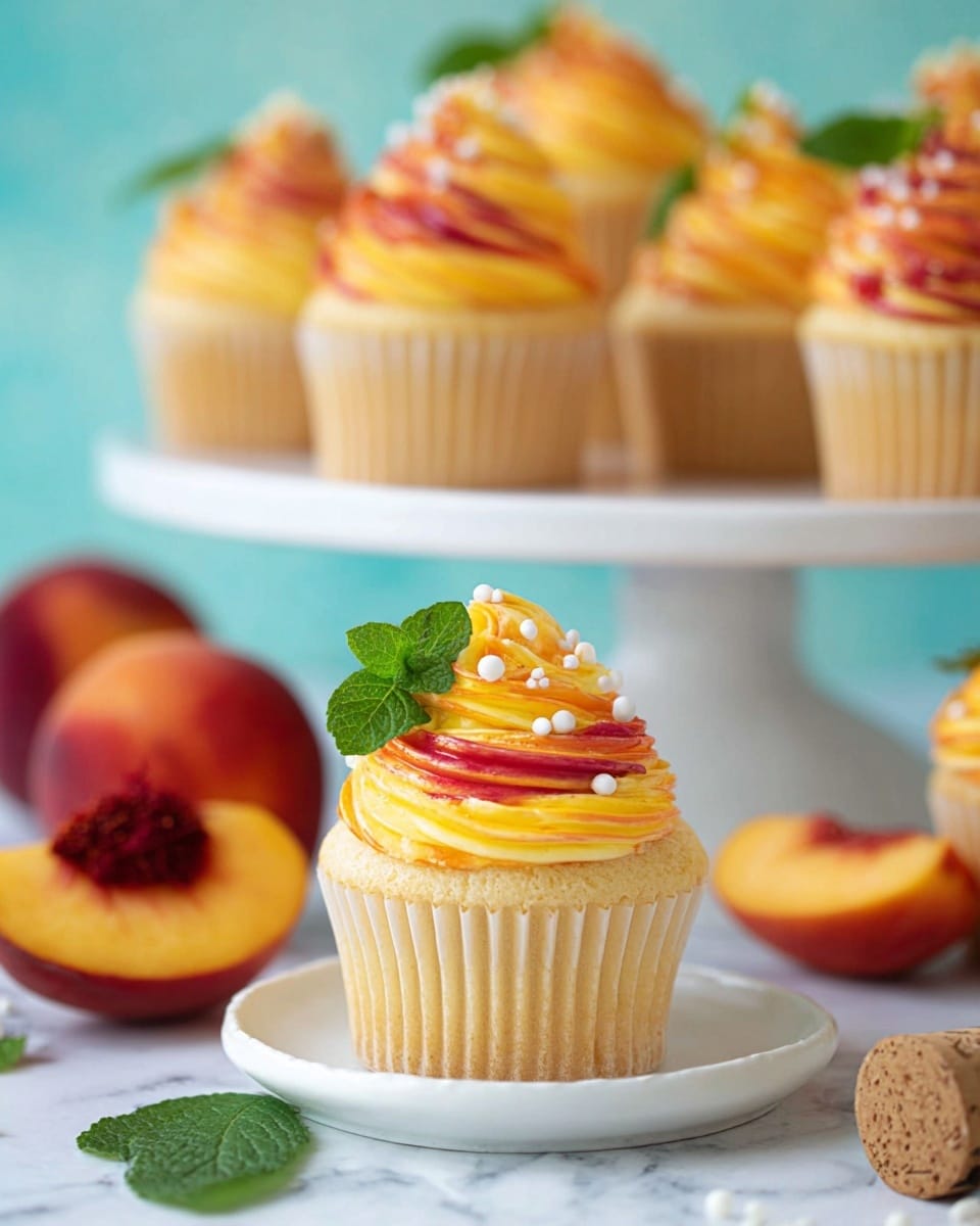 The image shows a soft, light beige cupcake on a white plate. The cupcake has two layers of frosting swirled on top: a bright yellow layer mixed with a deep red layer, creating a colorful swirl effect. The frosting is smooth and creamy with small white round sprinkles scattered over it. A fresh green mint leaf is placed on the side of the frosting. Around the cupcake, there are some whole and halved peaches with orange and red tones, a cork, and another mint leaf on a white marbled surface. In the background, similar cupcakes with the same frosting sit on a white tiered stand against a soft blue background. Photo taken with an iphone --ar 4:5 --v 7