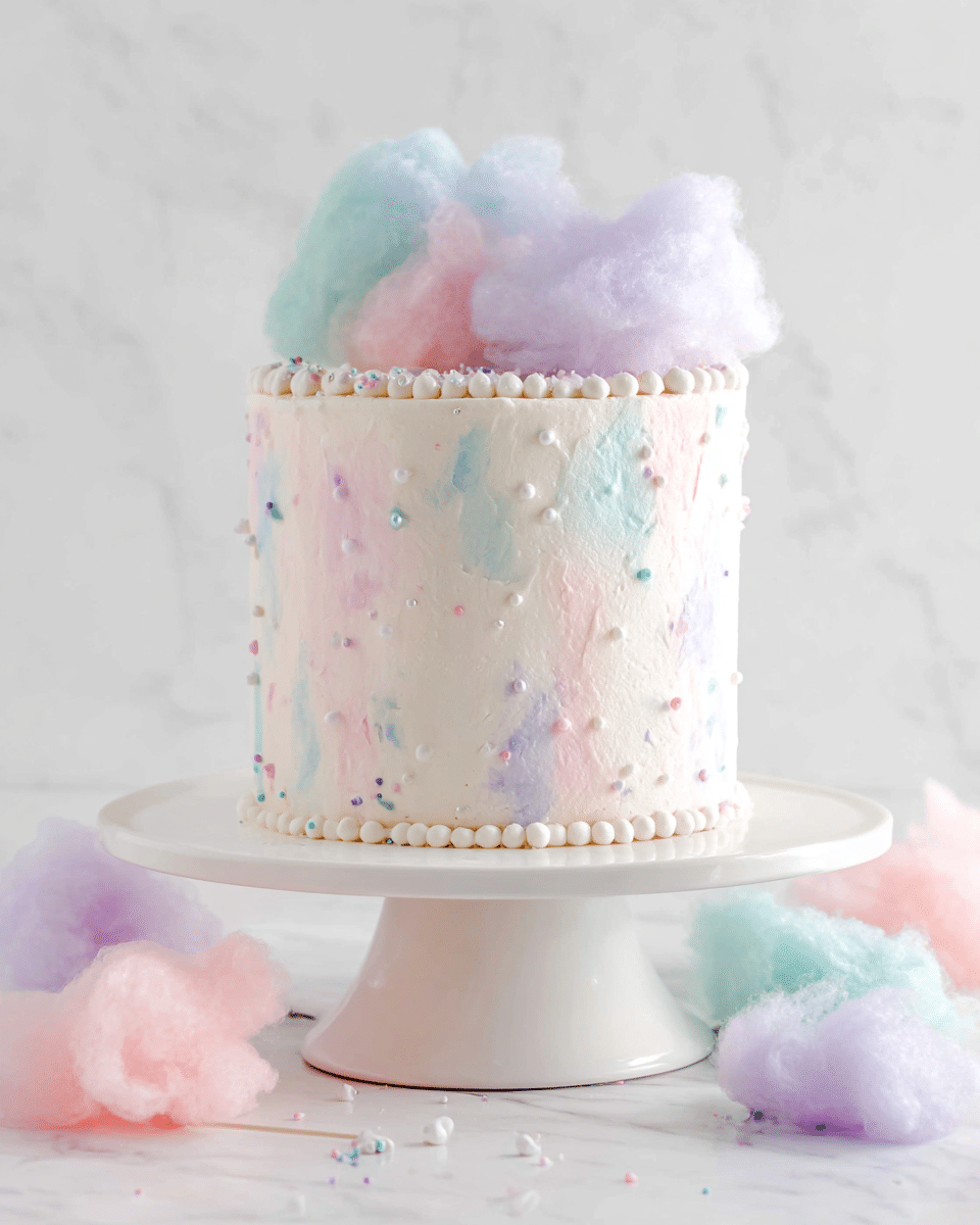 A tall, round cake with three visible layers is covered in smooth white frosting with soft pastel smudges of pink, blue, and purple around the sides. Small white pearl-like sprinkles are scattered all over the frosting. The bottom and top edges have a neat row of round frosting dots. On top of the cake, fluffy clusters of cotton candy in pastel pink, blue, and purple rise in a soft cloud shape. The cake sits on a simple white cake stand with a broad flat top and a wide base, placed on a white marbled surface. More pieces of cotton candy in similar pastel shades are scattered around the base of the stand. Photo taken with an iphone --ar 4:5 --v 7