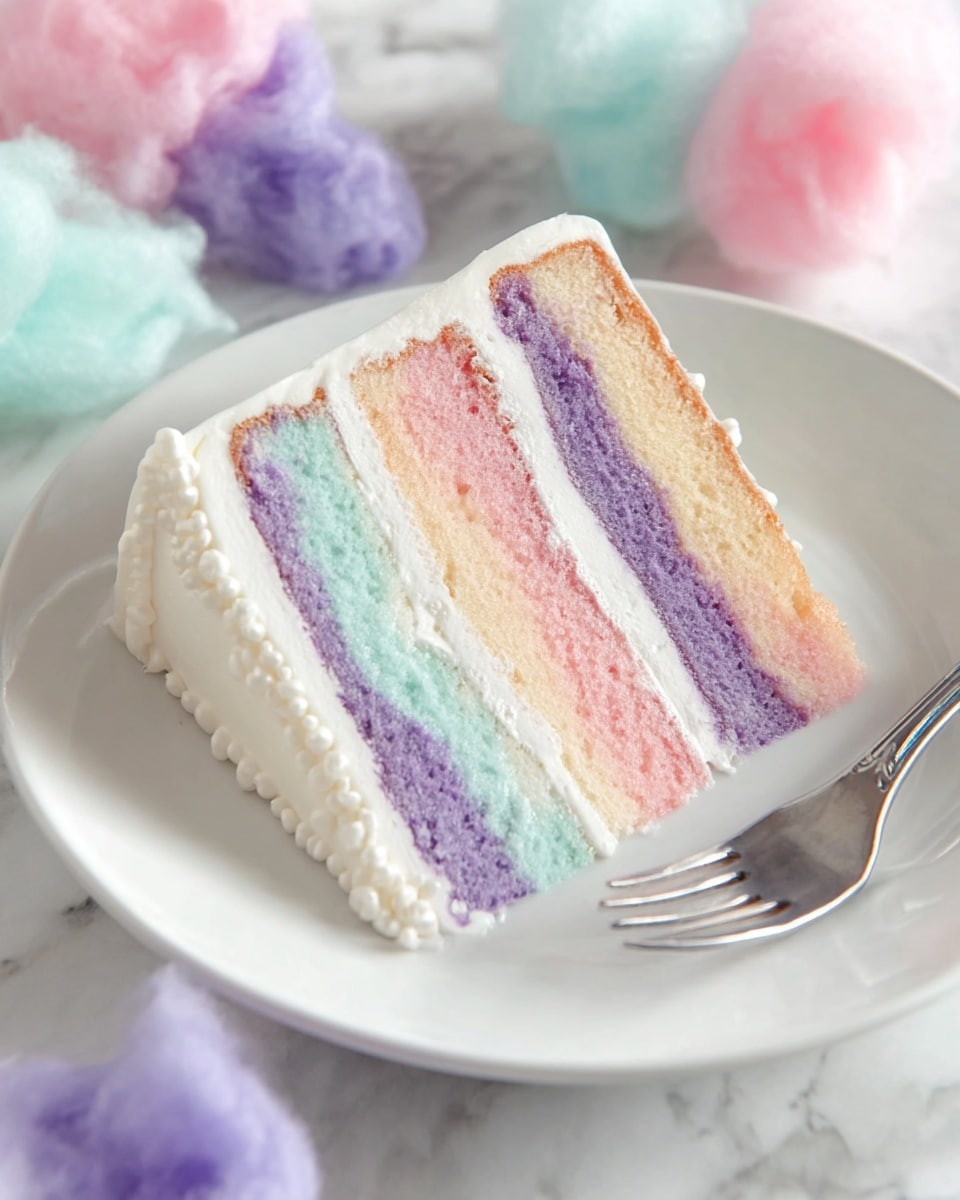 A slice of four-layer pastel rainbow cake is placed on a white plate with a silver fork beside it. Each layer alternates soft shades of purple, pink, cream, and blue, with thin white cream filling between each layer. The outside of the cake is coated in smooth white frosting decorated with small white sugar pearls on its edge. Around the plate, there are small tufts of pastel-colored cotton candy in purple, pink, and light blue. The background shows a white marbled textured surface. photo taken with an iphone --ar 4:5 --v 7