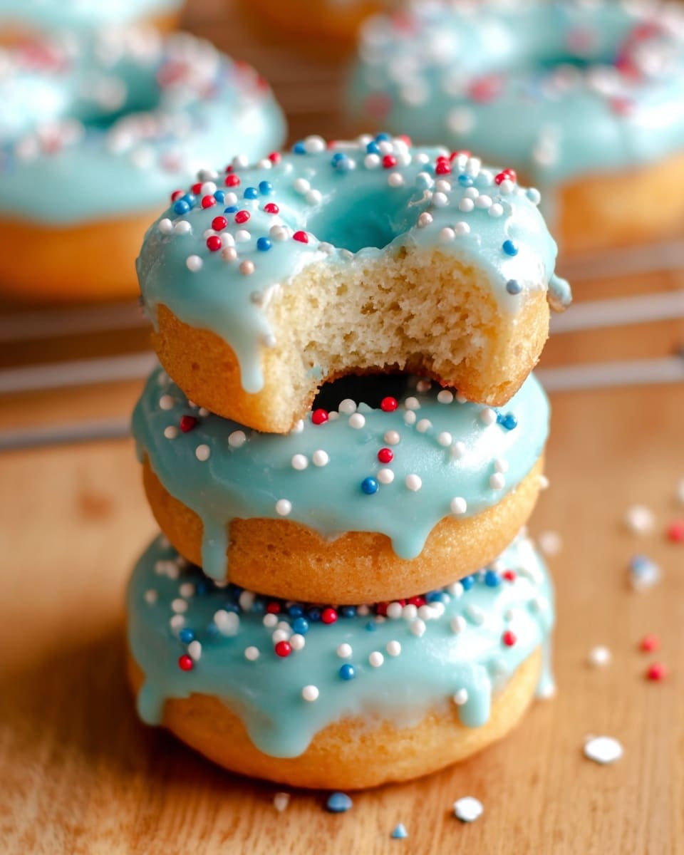 A stack of three small round donuts is shown, each donut is covered with smooth light blue icing that drips slightly over the edges. The top donut has a bite taken out, revealing a soft, pale, sponge-like inside. The icing is decorated with small round sprinkles in white, red, and blue scattered unevenly across the surface. The donuts sit on a wooden surface with more donuts blurred in the background on a wire rack. photo taken with an iphone --ar 4:5 --v 7
