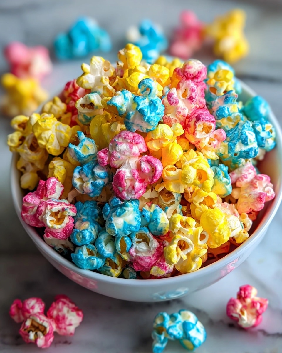 A white bowl filled to the top with colorful popcorn sits on a white marbled surface. The popcorn shows three main colors mixed evenly: bright yellow, pink, and blue, each piece coated in shiny candy-like shells. The popcorn kernels are puffed and slightly rough with some white spots where they popped fully, creating a mix of smooth and textured areas. Around the bowl, a few loose pieces of the same colorful popcorn scatter, enhancing the playful and vibrant look of the snack. Photo taken with an iphone --ar 4:5 --v 7
