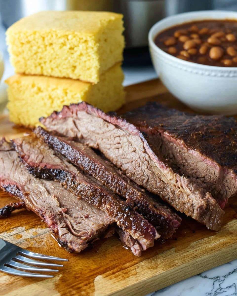 Two slices of brown, cooked brisket with visible grain and slight charring sit at the front of a white plate. Behind the meat, two squares of yellow, crumbly cornbread with a soft texture are placed side by side. In the blurred background, there is a white bowl filled with baked beans and a piece of bread on a wooden board. The plate rests on a white marbled surface with a blue and green checkered cloth partly visible underneath. Photo taken with an iphone --ar 4:5 --v 7
