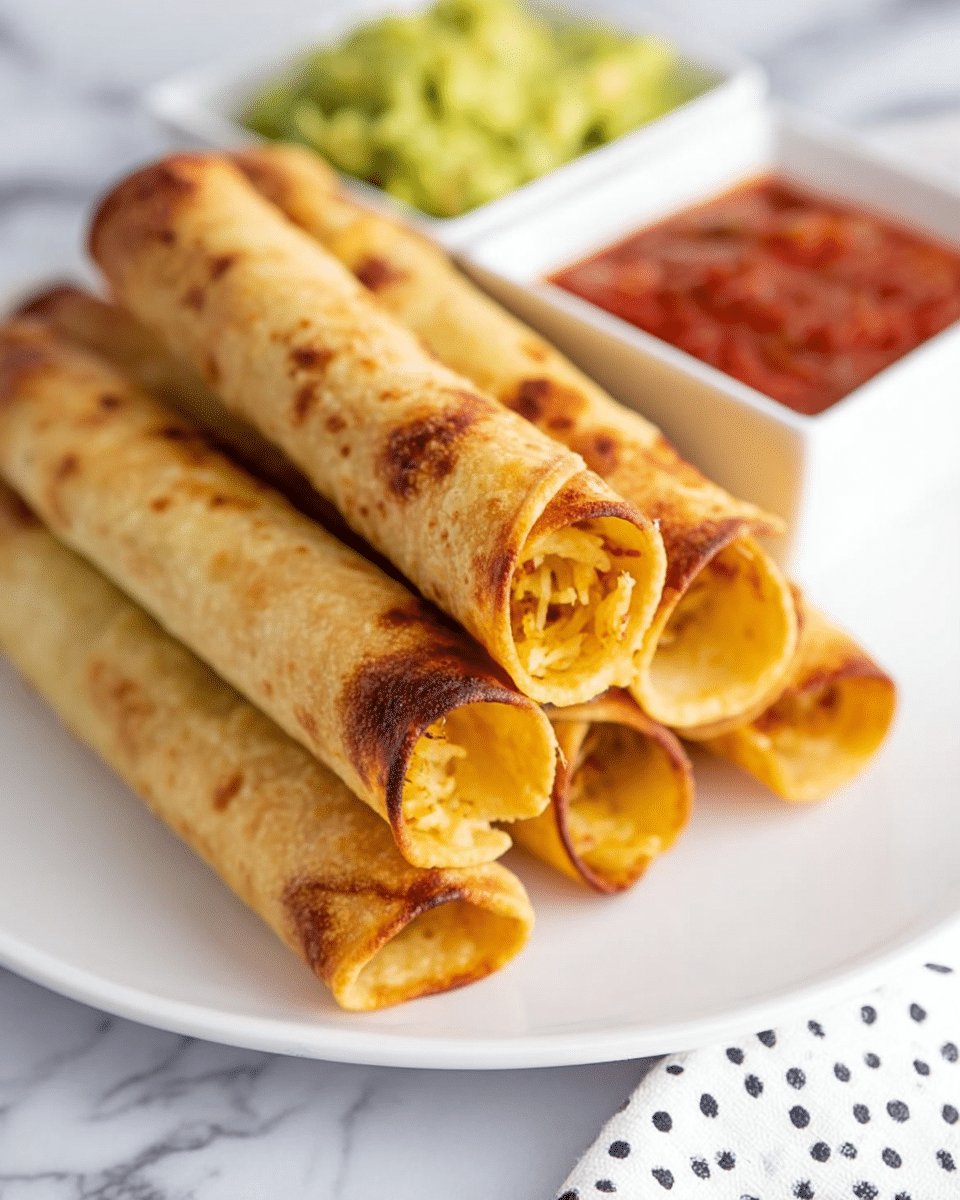 The image shows a stack of five golden-brown rolled taquitos on a white plate. Each taquito has a crispy, slightly oily texture with some browned, charred spots along the edges. The rolls are tightly wrapped, showing shredded filling visible at the open ends. Behind the taquitos, there are two small white square bowls, one filled with chunky green guacamole and the other with red salsa, both slightly out of focus. The background surface is a white marbled texture with a white cloth with black dotted pattern visible at the bottom right corner. photo taken with an iphone --ar 4:5 --v 7