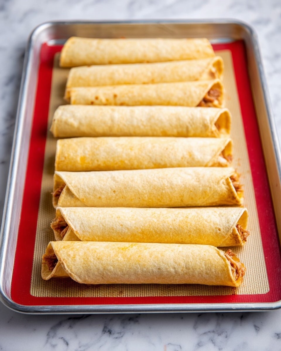 The image shows seven rolled tortillas placed neatly on a silver baking tray lined with a red silicone mat. Each tortilla is light golden in color with a slightly crispy texture, rolled tightly to enclose a savory filling that peeks out at the ends, showing shredded pieces of cooked meat. The surface beneath the tray is a white marbled texture, giving a clean and bright background to the scene. The tortillas are arranged in two rows, four in the back and three in the front, with the front ones viewed at a slight angle, showing their rounded shape and layered texture clearly. photo taken with an iphone --ar 4:5 --v 7