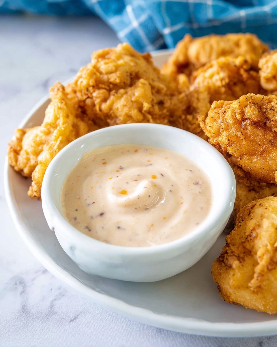 A white plate holds golden, crispy fried chicken pieces with a small white bowl of creamy, pale beige dipping sauce speckled with tiny black and orange bits at the center. The sauce has a smooth texture with gentle swirls on the surface. The plate sits on a white marbled surface and a blue cloth is blurred in the background. photo taken with an iphone --ar 4:5 --v 7