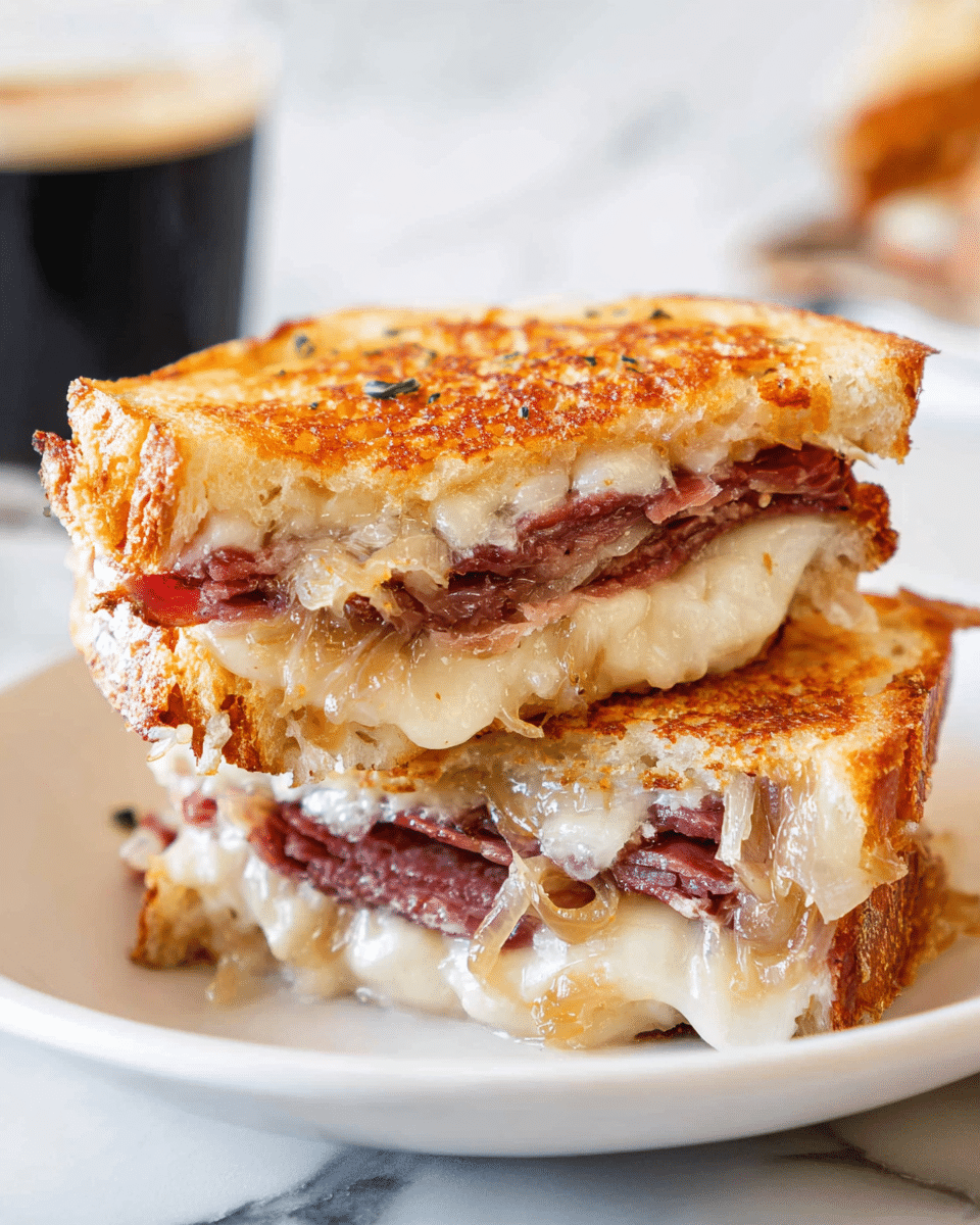 A grilled sandwich is cut in half and stacked on a white plate. The sandwich has three visible layers: the top and bottom are thick toasted bread slices with a golden brown crispy texture. Inside, there are layers of creamy melted cheese with a smooth and slightly stringy texture, thin slices of reddish-pink meat, and a layer of caramelized onions with a soft, glossy golden color. The sandwich looks warm and gooey, with melted cheese oozing slightly at the edges. The background shows a blurry white marbled surface with a black drink in the left corner. Photo taken with an iphone --ar 4:5 --v 7