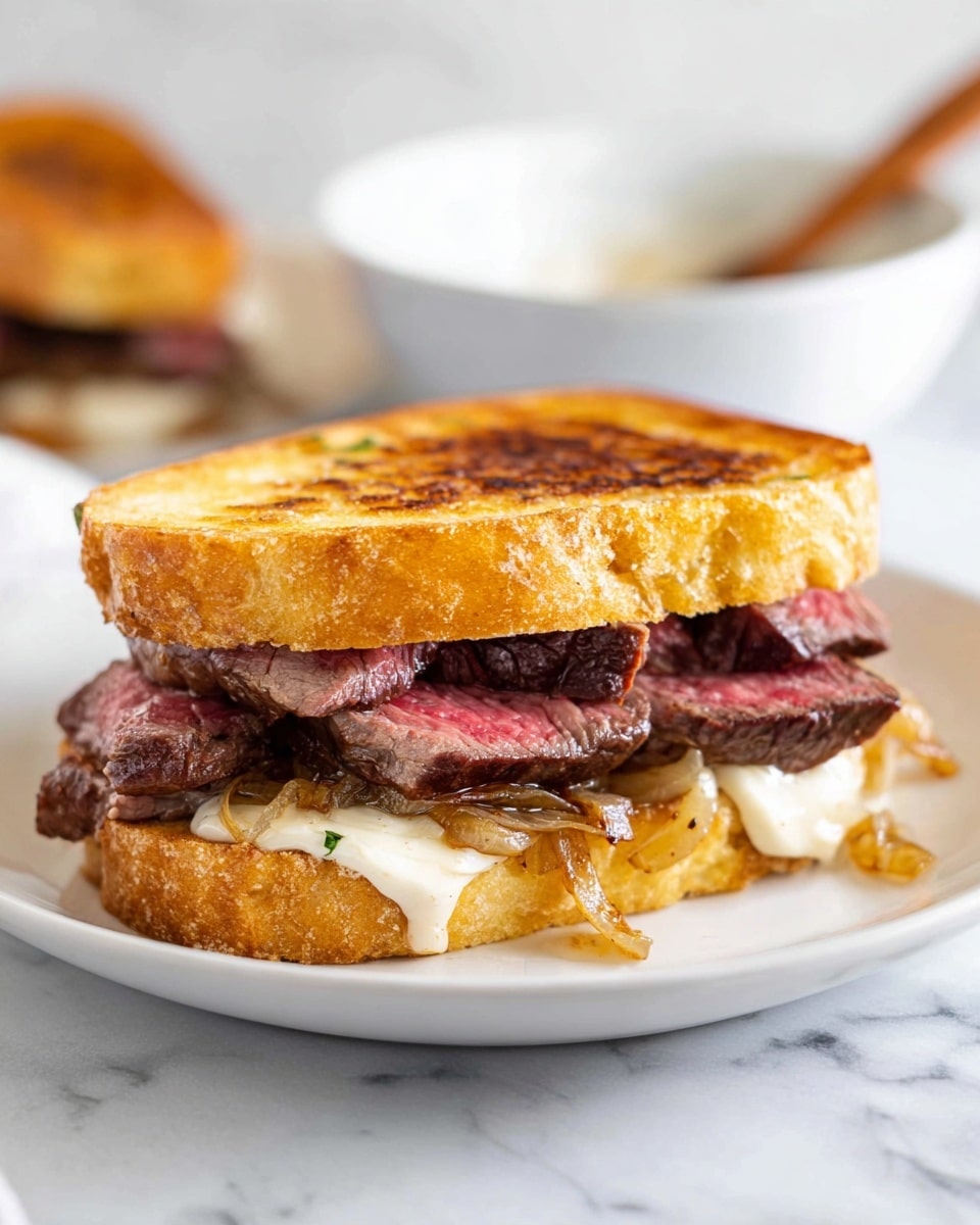 A toasted sandwich sits on a white plate over a white marbled surface. The sandwich has two thick slices of golden brown, crispy bread as the top and bottom layers. Inside, there is a layer of thin, cooked steak pieces with a reddish-pink center, topped with a creamy white sauce, and caramelized onions in a soft light brown color underneath the steak. In the background, there is a white bowl with a wooden spoon, slightly out of focus. photo taken with an iphone --ar 4:5 --v 7