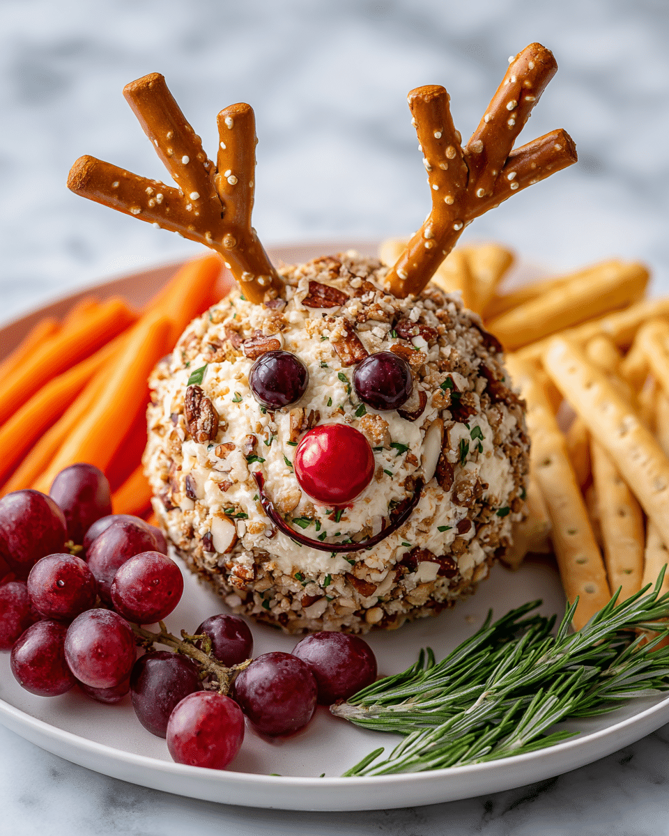 A round cheese ball is covered with small pieces of chopped nuts and herbs, giving it a rough, textured surface with cream and brown colors. Two mini pretzels shaped like antlers stick out from the top of the cheese ball. Two shiny dark berries form the eyes, while a bright red round berry makes the nose, and a smile is shaped with small pretzel pieces on the front. The cheese ball rests on a white plate, surrounded by orange carrot sticks and yellow breadsticks on one side, fresh green rosemary sprigs near the bottom, and red grapes on the other side. The background features a soft white marbled texture. Photo taken with an iphone --ar 4:5 --v 7