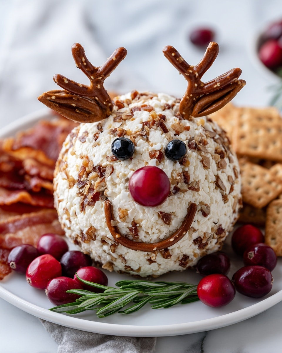 A round cheese ball covered with small pieces of brown bacon bits, formed to look like a reindeer's head. Two dark brown pretzels are positioned at the top back of the ball as antlers. The face has two shiny black olives as eyes, a large red cherry in the center as a nose, and a smiling mouth made with thin bacon strips near the bottom. The cheese ball sits on a white plate with crispy bacon strips around its base, bright red cherries scattered nearby, and a small sprig of green rosemary in front. The background is a white marbled texture. Photo taken with an iphone --ar 4:5 --v 7