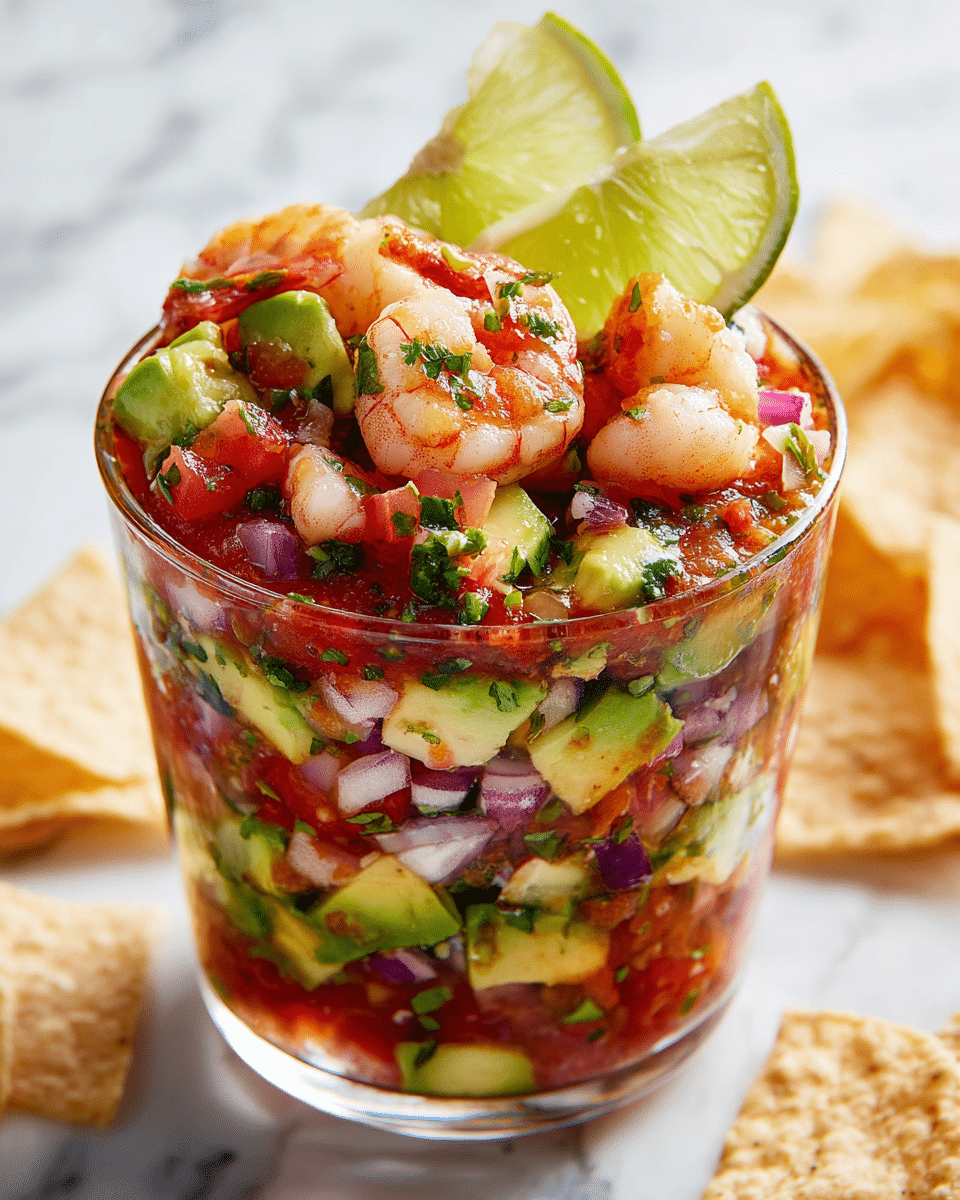 A transparent cup filled with multiple layers of shrimp cocktail, showing shrimp mixed with green avocado chunks, red tomato pieces, purple onion bits, and chopped green herbs in a red sauce. The top layer has whole shrimp, diced vegetables, and two lime wedges resting on top. The cup is placed on a white marbled surface with beige tortilla chips in the background. photo taken with an iphone --ar 4:5 --v 7