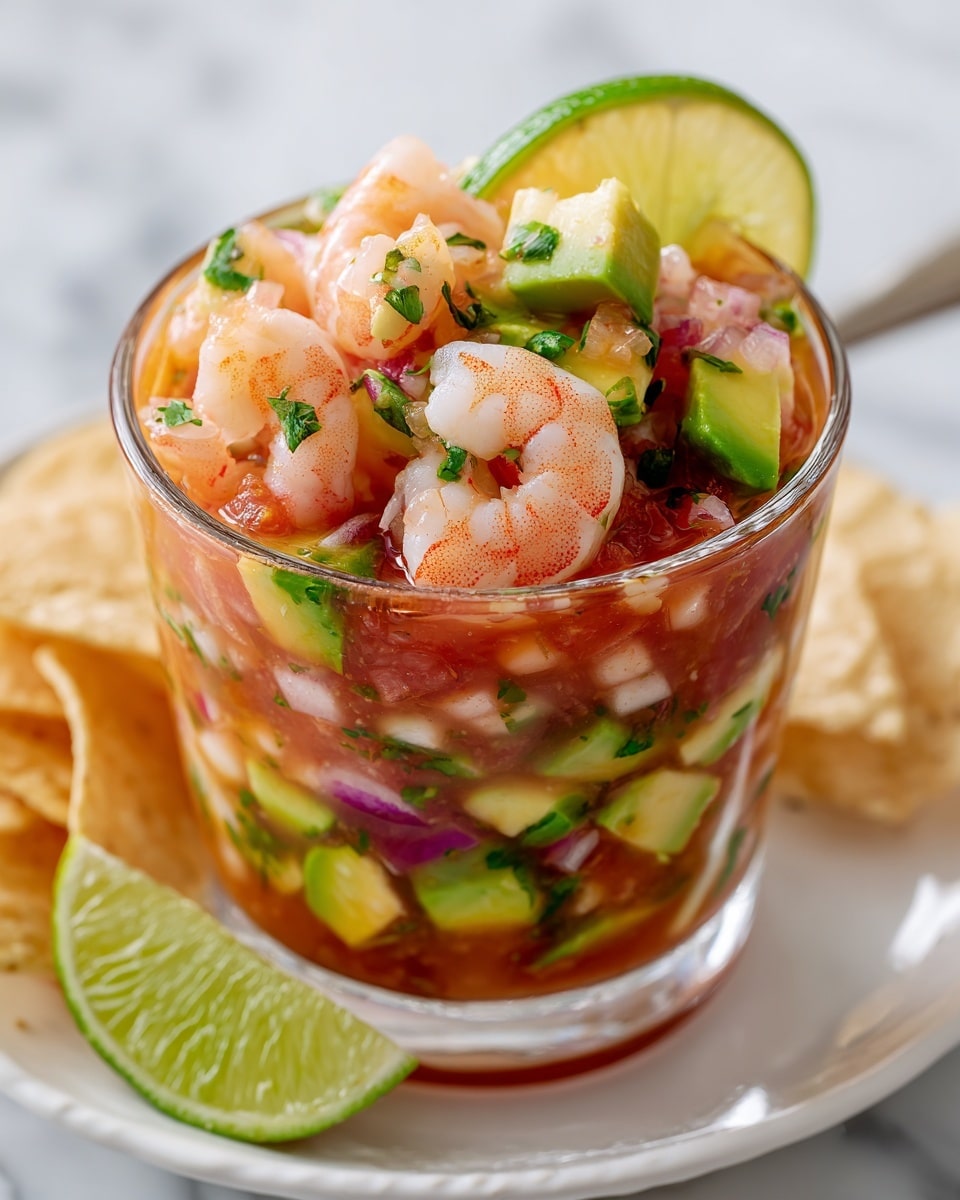 The image shows a clear glass cup filled with shrimp ceviche. The dish has several visible layers mixed together: light pink shrimp, green avocado chunks, red tomato pieces, small pieces of red onion, and chopped green herbs, all combined in a reddish, juicy sauce. On top of the ceviche is a slice of lime placed at the back edge. The glass is set on a white plate with some tortilla chips and a lime wedge resting beside it. The background is a white marbled texture. photo taken with an iphone --ar 4:5 --v 7