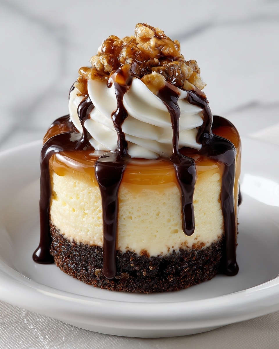A mini dessert with three visible layers sits on a white plate over a white marbled texture. The bottom layer is dark brown and crumbly, like a chocolate brownie base. Above it is a creamy, pale yellow cheesecake layer. The top layer is a shiny caramel glaze with a soft, rich look. On top of this, there is a swirl of white whipped cream, drizzled with thick, dark chocolate sauce that runs down the sides. At the very top, there is a small, crunchy cluster that looks like caramelized nuts or brittle. Photo taken with an iphone --ar 4:5 --v 7