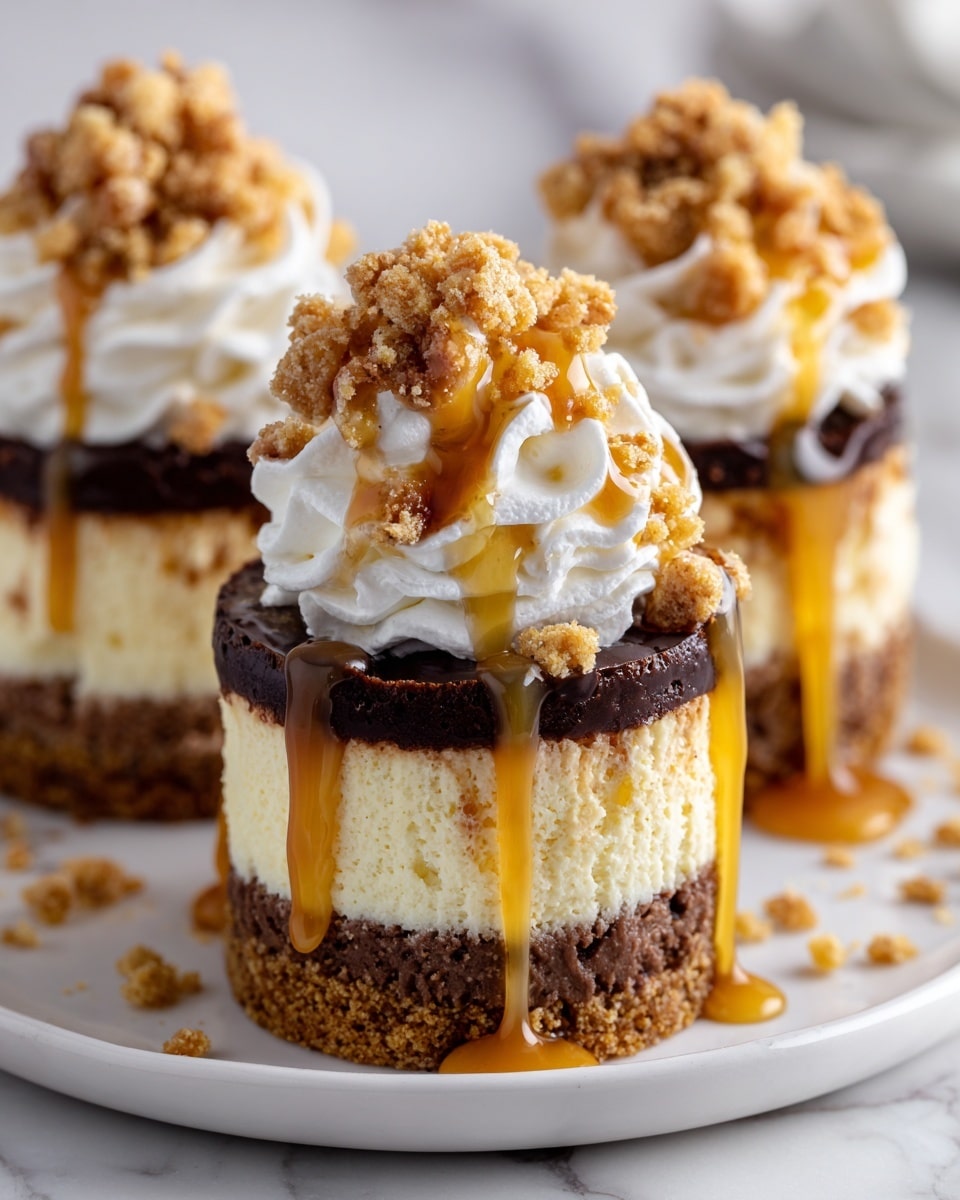 This image shows a close-up of small layered desserts set on a white plate with a white marbled background. Each dessert has three visible layers: a dark brown crumbly base, a thick creamy light yellow middle, and a thinner dense dark brown layer on top. Above this is a swirl of white whipped cream, topped with crumbly golden-brown streusel pieces. Rich dark chocolate sauce and golden caramel sauce are drizzled over the whipped cream and streusel, creating glossy, flowing trails down the sides. The textures vary from smooth cream to crumbly cake and sticky syrup, making each dessert look rich and detailed. Photo taken with an iphone --ar 4:5 --v 7