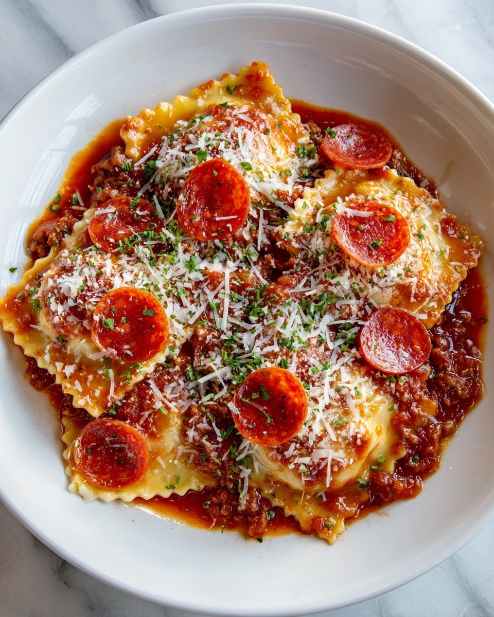 A cast iron pan filled with a layered dish starting with large round ravioli pieces as the base, pale yellow with ruffled edges, topped with a layer of melted white cheese that appears smooth and creamy. Scattered over this are small chunks of brown cooked sausage and bright red diced tomatoes that add texture and color. On top, several thin, round, bright reddish-orange pepperoni slices are spread evenly, with a light sprinkle of shredded white cheese and small green herb flakes, giving a fresh and seasoned look. The edges of the ravioli show some golden melted cheese dripping slightly, and the whole dish looks rich and hearty, sitting on a white marbled texture. photo taken with an iphone --ar 4:5 --v 7