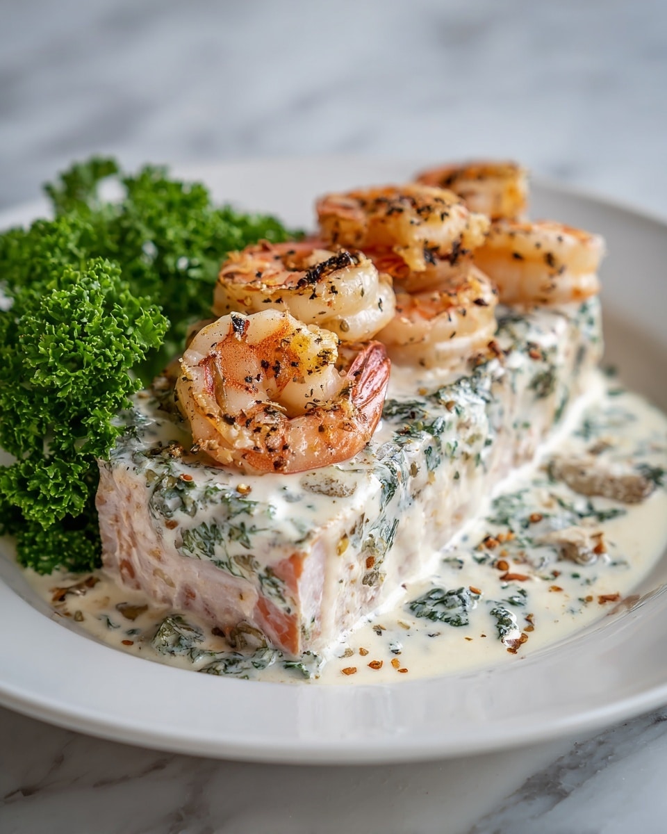 The dish shows three main layers on a white plate, set against a white marbled surface. The bottom layer is a thick piece of light pink fish with a slightly reddish edge. The middle layer is a creamy white sauce mixed with finely chopped dark green herbs, covering the fish evenly and adding a rich texture. The top layer consists of several cooked shrimp, golden brown with a light char and sprinkled with black pepper, resting on the sauce. To the left side of the plate, there is a vibrant green sprig of curly parsley adding a fresh contrast. Photo taken with an iphone --ar 4:5 --v 7