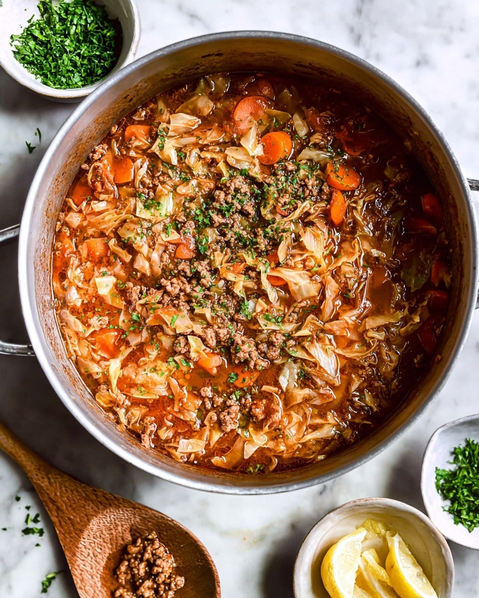 A close-up view of a large silver pot filled with a stew-like dish, showing a thick mix of several layers: small diced orange carrots, light beige thin cabbage strips, and dark brown cooked ground meat chunks are all stirred into a rich, reddish-brown tomato-based sauce with visible herbs and spices. The stew is garnished with chopped green herbs scattered over the top. Around the pot, there is a small white plate with chopped green herbs to the upper left and another white plate holding lemon wedges to the upper right, all placed on a white marbled surface. A wooden spoon with sauce residue rests beside the pot on the surface. photo taken with an iphone --ar 4:5 --v 7