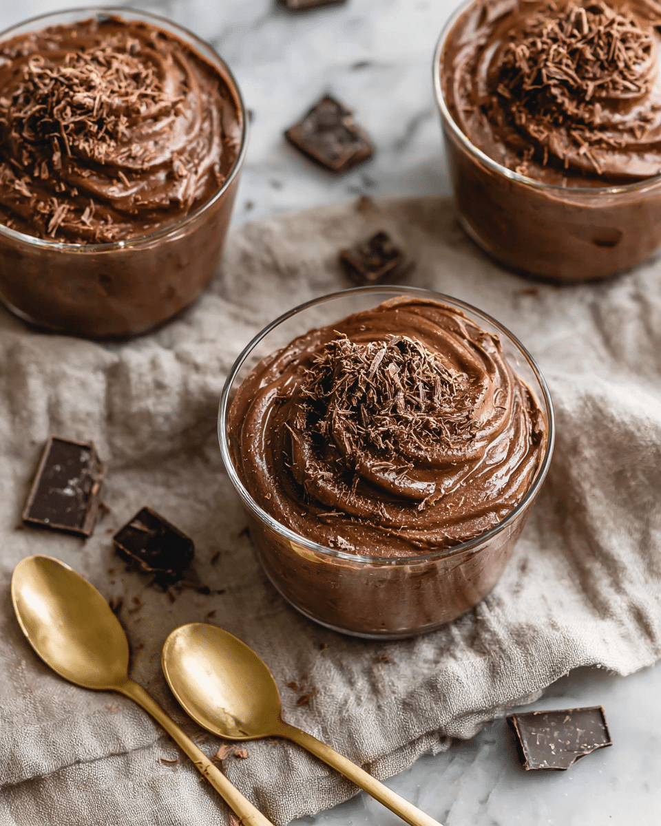 The image shows three clear glass cups filled with smooth, creamy chocolate mousse, each cup topped with fine chocolate shavings. The mousse has a rich dark brown color and is swirled on top, creating a textured, slightly glossy pattern. The cups are placed on a folded beige cloth on a white marbled surface, with scattered dark chocolate chunks nearby. Three shiny gold spoons lie next to the cups, adding a touch of elegance to the arrangement. photo taken with an iphone --ar 4:5 --v 7