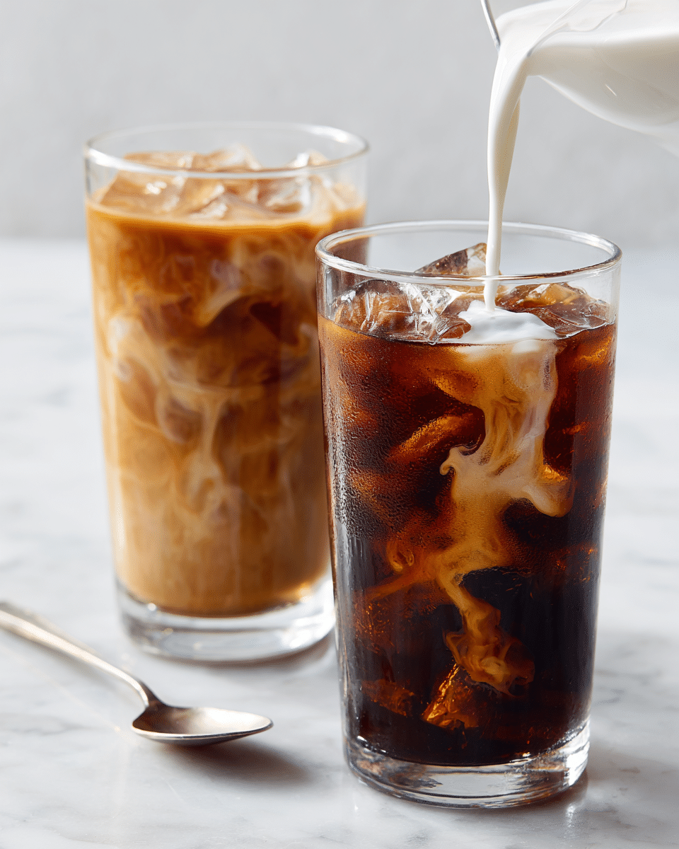 The image shows two clear tall glasses filled with iced coffee placed on a white marbled surface. The glass in the front holds dark brown iced coffee with large ice cubes, and white cream is being poured into it, creating swirling light brown patterns as it mixes. The glass in the back contains a lighter brown iced coffee with ice cubes, likely already mixed with cream. To the left of the glasses, there is a silver spoon lying on the surface. The scene is bright and clean, focusing closely on the drink with a woman's hand visible pouring the cream. photo taken with an iphone --ar 4:5 --v 7