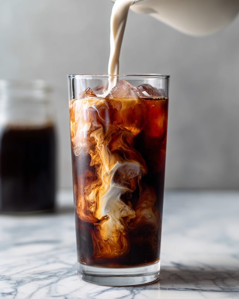 A tall, clear glass filled with dark brown iced coffee and large ice cubes is shown, with a thick stream of creamy white milk pouring into the center, creating swirling patterns as it mixes with the coffee. The glass is placed on a white marbled surface, and a blurred dark container is visible in the background. The contrast between the dark coffee, white milk, and clear ice creates a visually striking mix of colors and textures. photo taken with an iphone --ar 4:5 --v 7