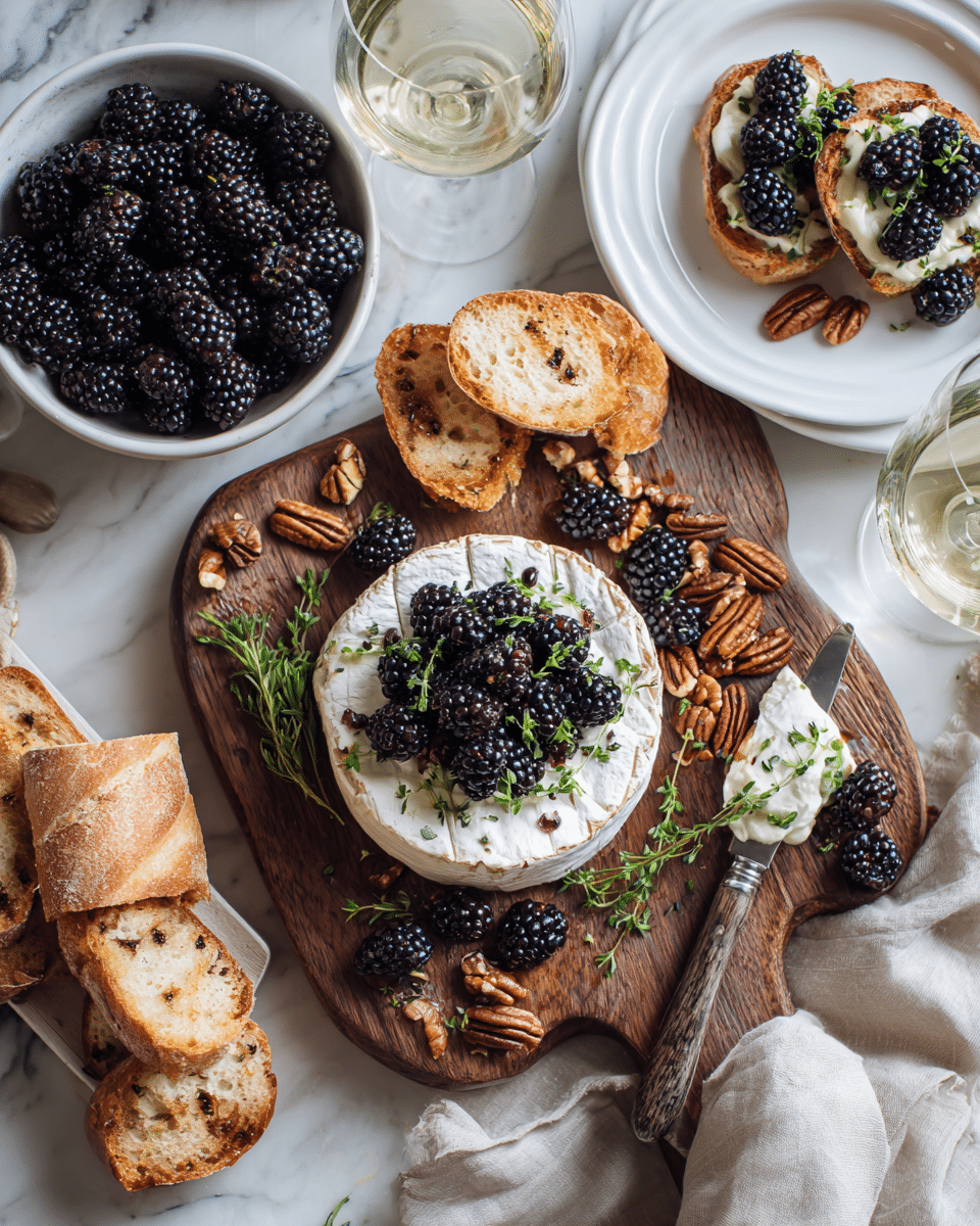 A wooden board holds a round wheel of soft white cheese topped with dark purple blackberries and small green herb sprigs, surrounded by scattered pecans. On both sides of the cheese are several slices of toasted golden brown baguette arranged in small stacks. Nearby, there is a white bowl filled with more blackberries and green herbs, and a white plate with toasted baguette slices also topped with cheese, blackberries, and herbs. The scene is set on a white marbled textured surface with a glass of clear water and a light cream-colored cloth visible. A woman's hand holding a knife with spread cheese is shown reaching in from the upper right. photo taken with an iphone --ar 4:5 --v 7