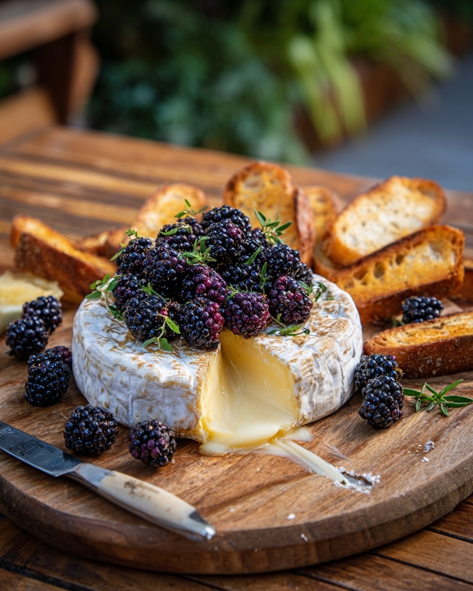 A wooden board holds a round wheel of melted soft cheese with a creamy, pale yellow interior and a white rind. On top of the cheese is a large pile of dark purple and red blackberries mixed with small green herb leaves. Surrounding the cheese on the board are slices of toasted bread, golden brown with crispy edges and soft centers. A butter knife with some remnants of the cheese lies on the board next to the toasted bread slices. The background shows an outdoor setting with a wooden table and green foliage out of focus. photo taken with an iphone --ar 4:5 --v 7