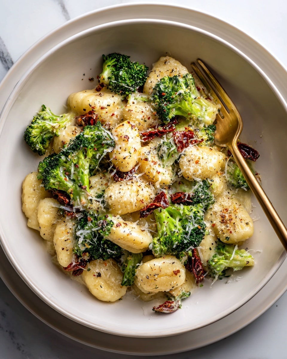 A white bowl filled with a creamy pasta dish layered with light golden gnocchi spread evenly throughout, bright green broccoli florets, and small pieces of dark red sun-dried tomatoes mixed in a light sauce that glistens slightly. The ingredients are topped with finely grated cheese and sprinkled black pepper, giving a textured look. A long, bronze fork rests diagonally across the bowl on top of the food. The white bowl sits on a larger round white plate with a white marbled surface beneath. Photo taken with an iphone --ar 4:5 --v 7