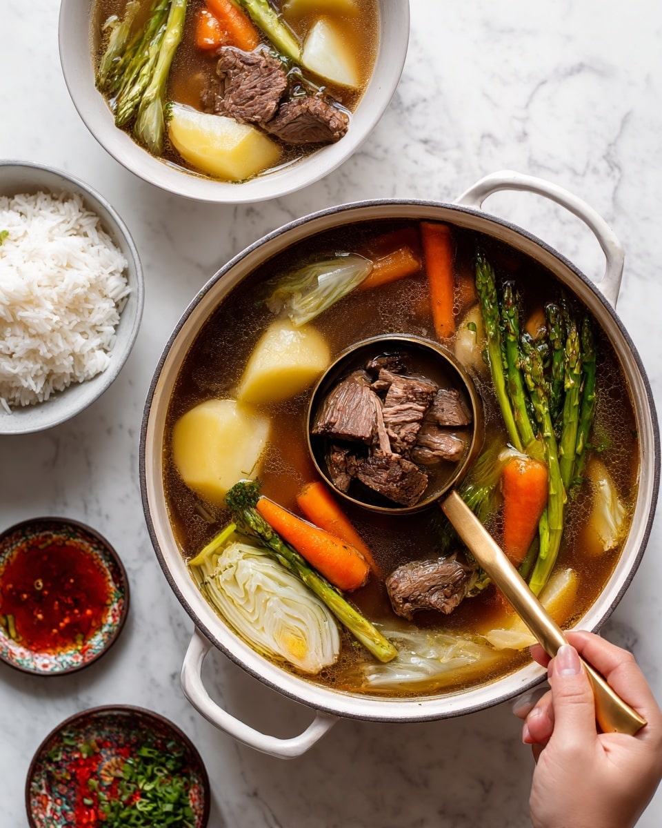 The image shows a white pot filled with a rich beef stew, featuring several thick layers of chunky ingredients. The top layer includes bright orange carrot slices, green beans, white cauliflower, light yellow potato pieces, and large brown chunks of beef, all sitting in a clear broth. A golden ladle inside the pot holds a large piece of beef and some green beans, partly submerged in the stew. Around the pot are other elements: a white bowl of plain white rice with a soft and fluffy texture in the foreground, and a small white bowl with a colorful, patterned rim holding a transparent orange sauce next to it, resting on a deep teal cloth. The whole setting is placed on a wooden table with a white marbled background. photo taken with an iphone --ar 4:5 --v 7