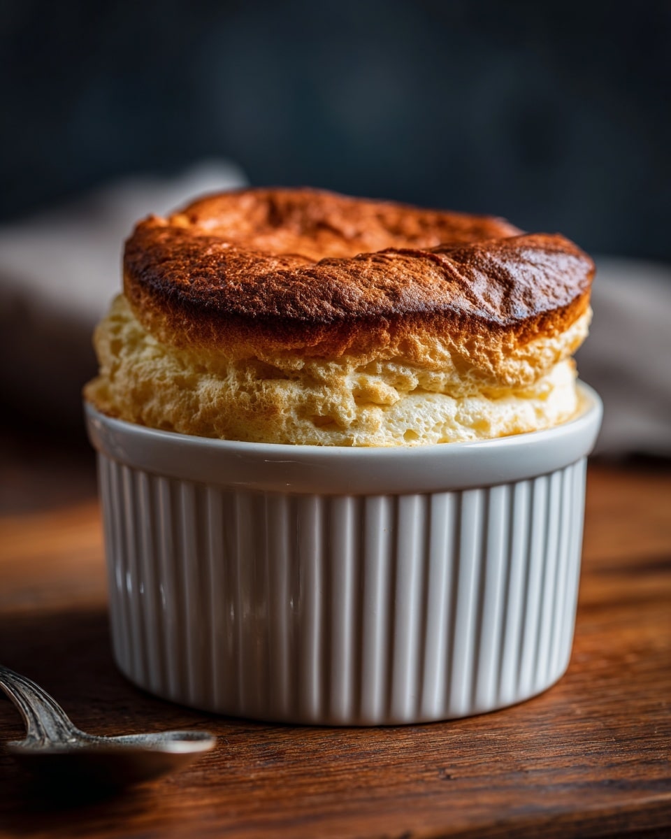 Four white ramekins sit on a wooden board with a piece of cheese and grated cheese scattered around. Each ramekin holds a golden brown soufflé that has risen above the top edge, showing a soft and fluffy texture with a slightly crispy surface. The soufflés have a light yellow color inside with a darker, browned top. The background is blurred with a warm, dark wooden tone, and the surface beneath the board is a white marbled texture. photo taken with an iphone --ar 4:5 --v 7