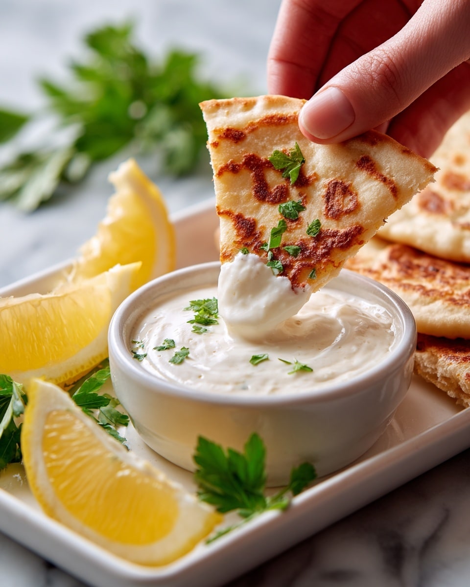 A woman's hand is dipping a warm, golden-brown pita bread wedge into a small round white bowl filled with thick, creamy white sauce. The pita bread has a slightly crispy texture with darker spots and is held above a white rectangular plate. The plate also shows fresh green parsley leaves and bright yellow lemon wedges scattered around, set on a white marbled surface. The scene is close-up and focused on the interaction between the bread and sauce, highlighting the textures and colors. Photo taken with an iphone --ar 4:5 --v 7
