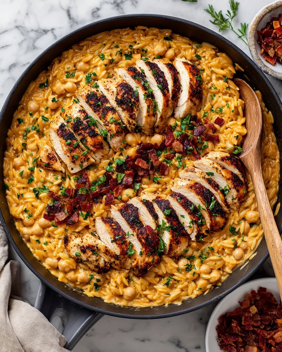 A large black pan filled with creamy orange orzo pasta mixed with chickpeas and green herbs, creating a thick, rich texture. On top, there are sliced grilled chicken breasts with golden brown and slightly charred skin arranged in a neat row across the center. Scattered over the chicken and pasta are small, dark red crispy bacon bits and a sprinkle of chopped fresh green herbs. A wooden spoon rests on the side of the pan partly inside the dish. In the top right corner, there is a small white plate holding more bacon bits. The whole scene is set on a white marbled surface. photo taken with an iphone --ar 4:5 --v 7