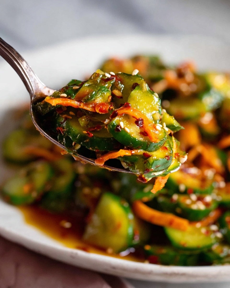 A close-up view of a spoon holding a colorful mix of sliced green cucumbers with a glossy texture, thin orange carrot strips, and small white sesame seeds sprinkled on top, all coated in a shiny, slightly oily sauce with red chili flakes. In the blurred background, there is a white plate filled with the same salad on a white marbled surface. photo taken with an iphone --ar 4:5 --v 7