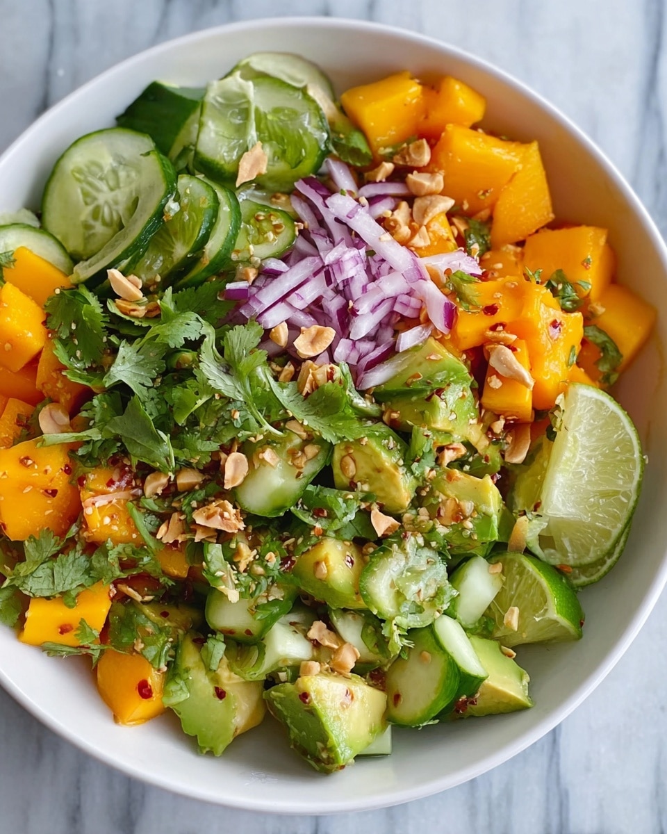 The image shows a white bowl filled with a colorful salad. The salad has three main layers: the bottom layer with bright orange mango cubes, the middle layer with green cucumber chunks and avocado pieces, and the top layer with thin purple onion slices, fresh green cilantro leaves, crushed peanuts, and small lime wedges placed on the side. The salad has a textured look with a mix of soft, juicy, and crunchy ingredients, all arranged naturally in the bowl. The bowl is placed on a white marbled surface. Photo taken with an iphone --ar 4:5 --v 7