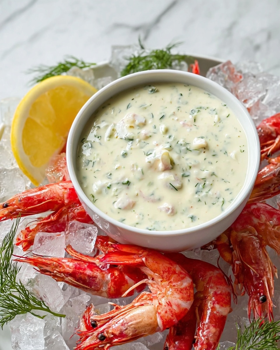 In this close-up image, a white bowl filled with creamy, thick sauce dotted with small green herbs and bits of onion sits at the center. Surrounding the bowl in the white dish are bright red shrimp with textured shells and curled tails, some resting on clear ice cubes. A lemon wedge with a smooth yellow rind and juicy interior is positioned near the bowl, along with sprigs of fresh green dill. The whole setup is placed on a white marbled surface, giving it a fresh and clean look. Photo taken with an iphone --ar 4:5 --v 7